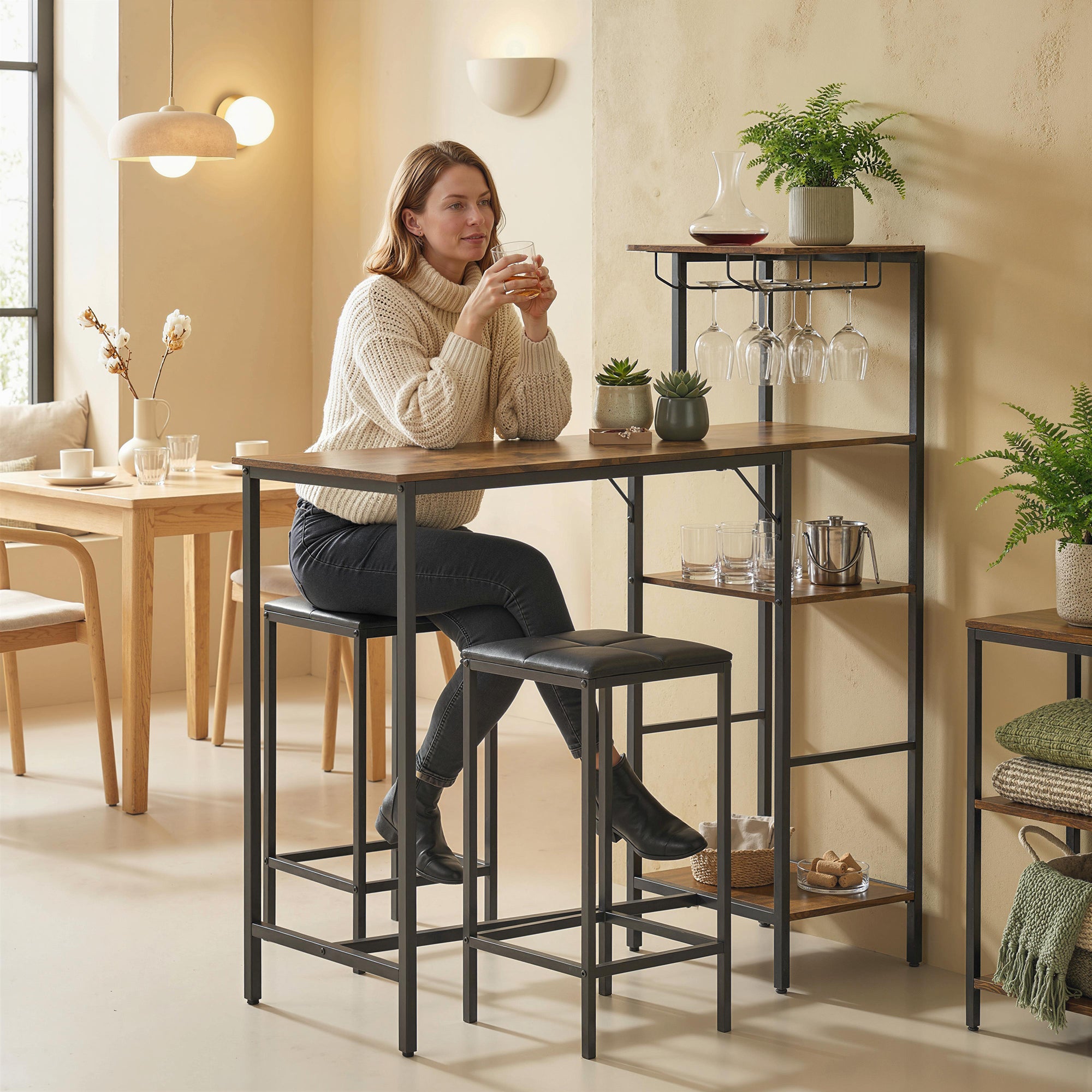 3 Piece Breakfast Bar Table and Stools Set, Dining Table with 4-tier shelving and Glasses Holders, 2 PU Leather Bar Stools with Footrest for Kitchen, Dining Room, Pub, Rustic Brown