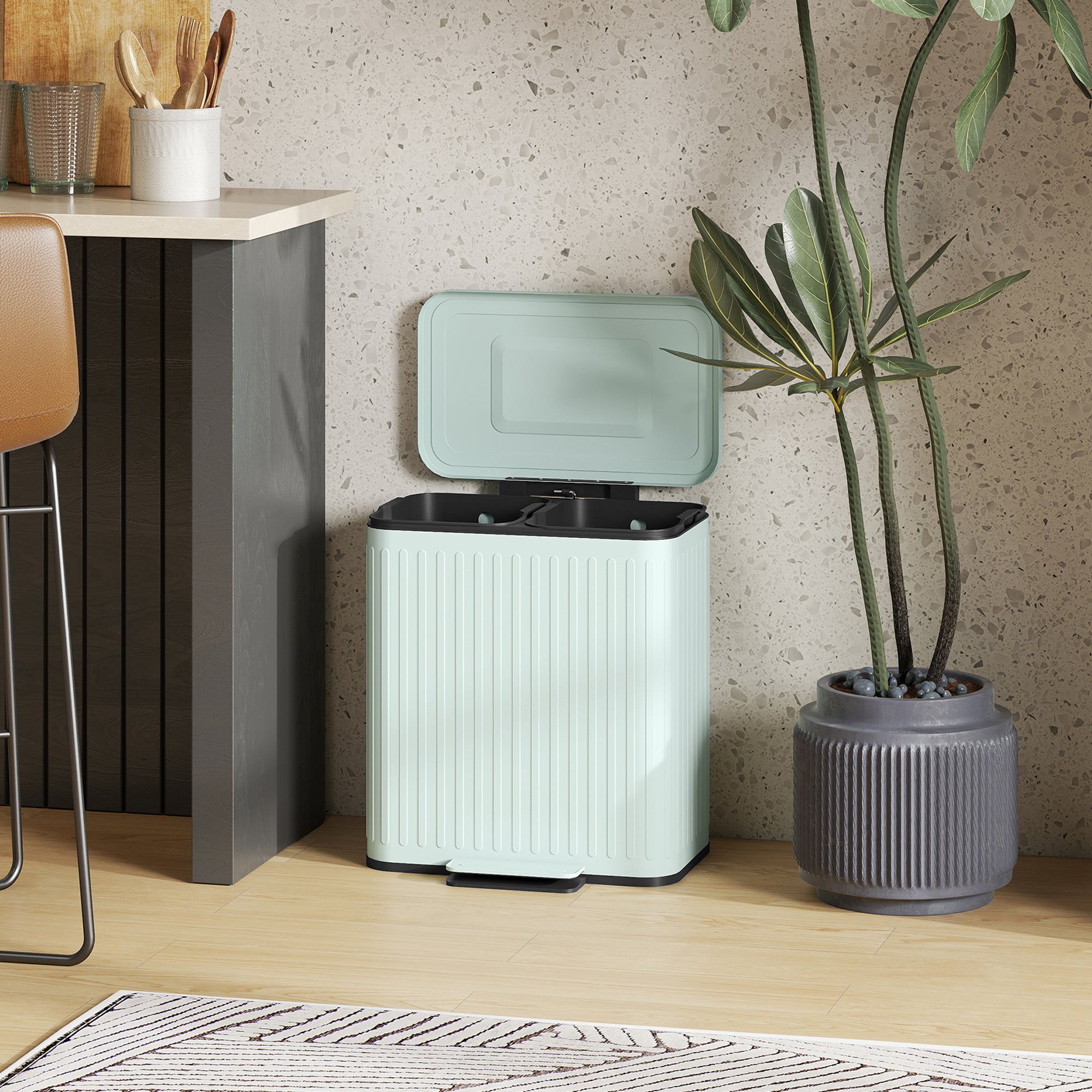 Trash Can with Lid, 2 x 5.3Gal Double Step-On Kitchen Trash Can with Rubbish Bags, Foot Pedal, Soft-Close Lid, Removable Buckets, Fingerprint-Proof Rubbish Bin for Kitchen, Office, Light Green