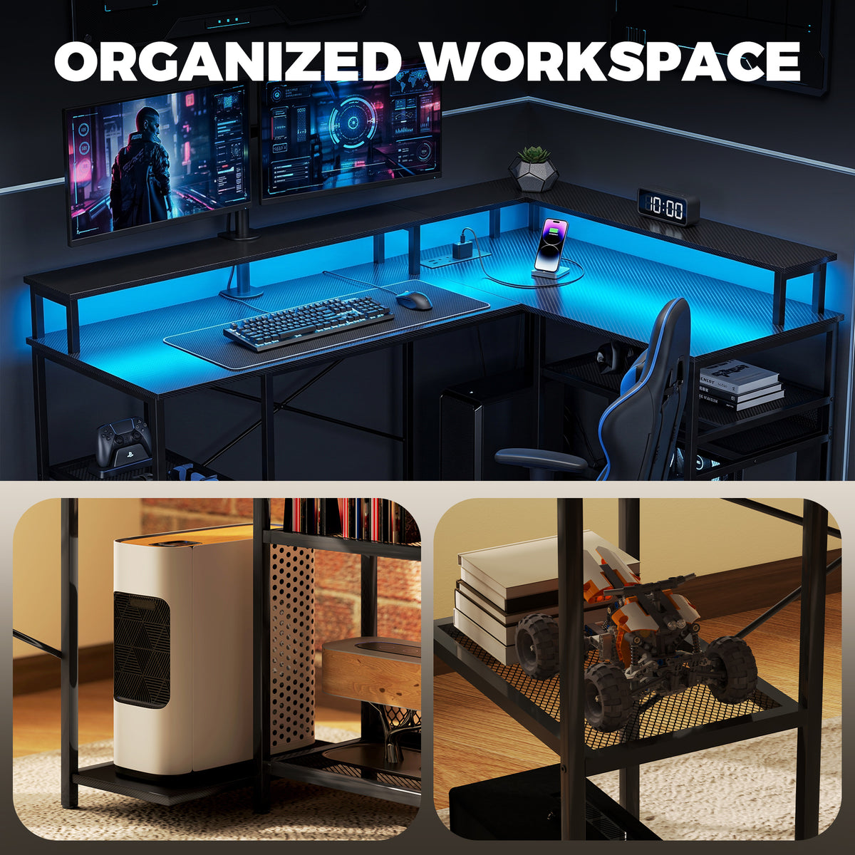 L Shaped Gaming Desk with LED Lights and Power Outlets, 150cm Corner Computer Desk with Monitor Stand and Storage Shelves, Home Office Desk for Small Space, Black Gaming Texture