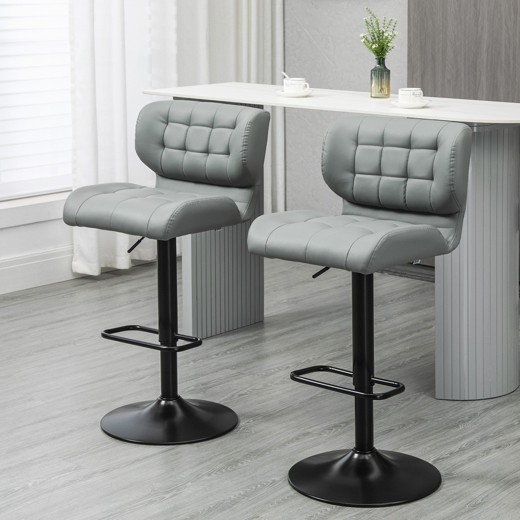 HOMCOM Adjustable Bar Stools Set of 2, Swivel Tufted PU Leather Barstools with Footrest and Back, Bar Chairs for Kitchen Counter and Dining Room, Grey