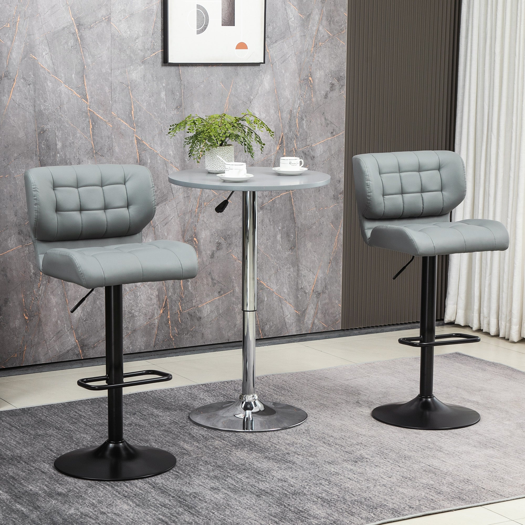 HOMCOM Adjustable Bar Stools Set of 2, Swivel Tufted PU Leather Barstools with Footrest and Back, Bar Chairs for Kitchen Counter and Dining Room, Grey