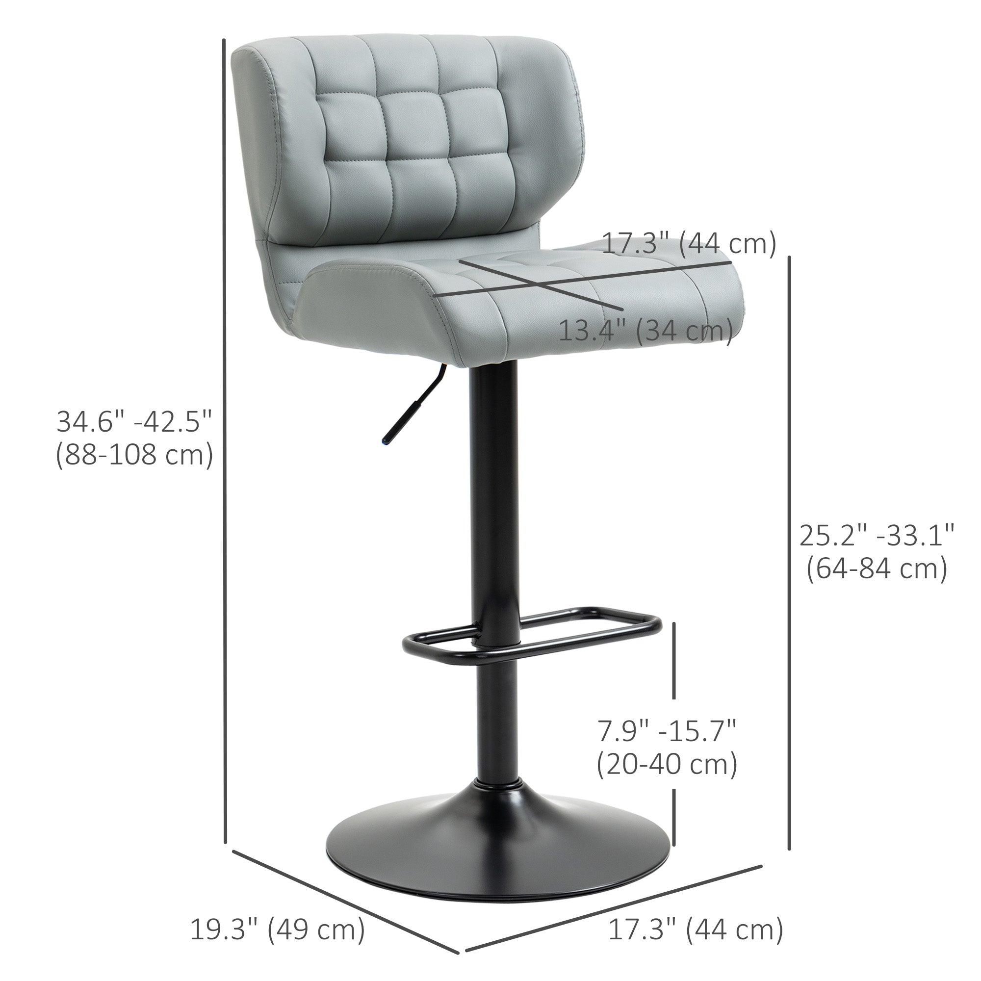 HOMCOM Adjustable Bar Stools Set of 2, Swivel Tufted PU Leather Barstools with Footrest and Back, Bar Chairs for Kitchen Counter and Dining Room, Grey