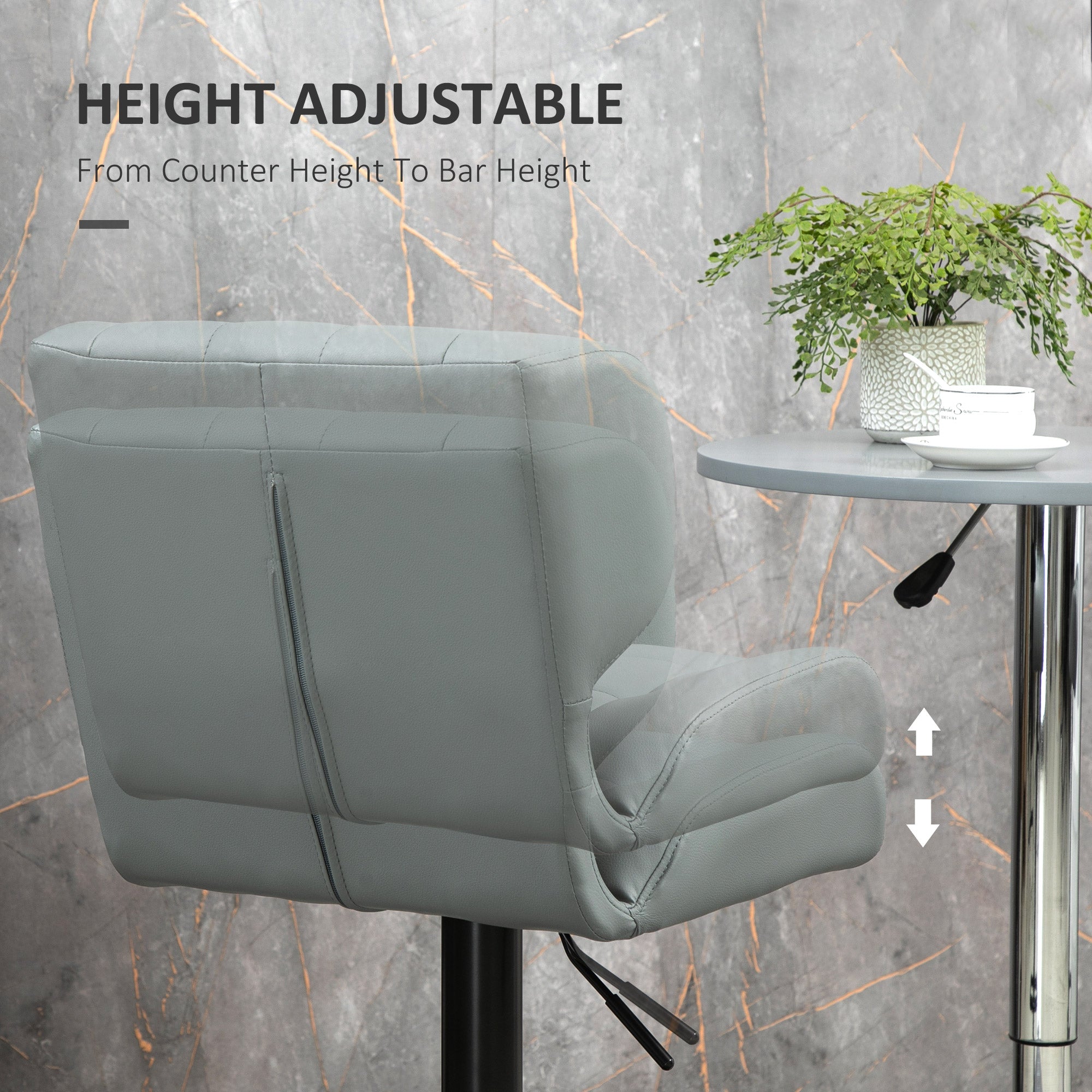HOMCOM Adjustable Bar Stools Set of 2, Swivel Tufted PU Leather Barstools with Footrest and Back, Bar Chairs for Kitchen Counter and Dining Room, Grey
