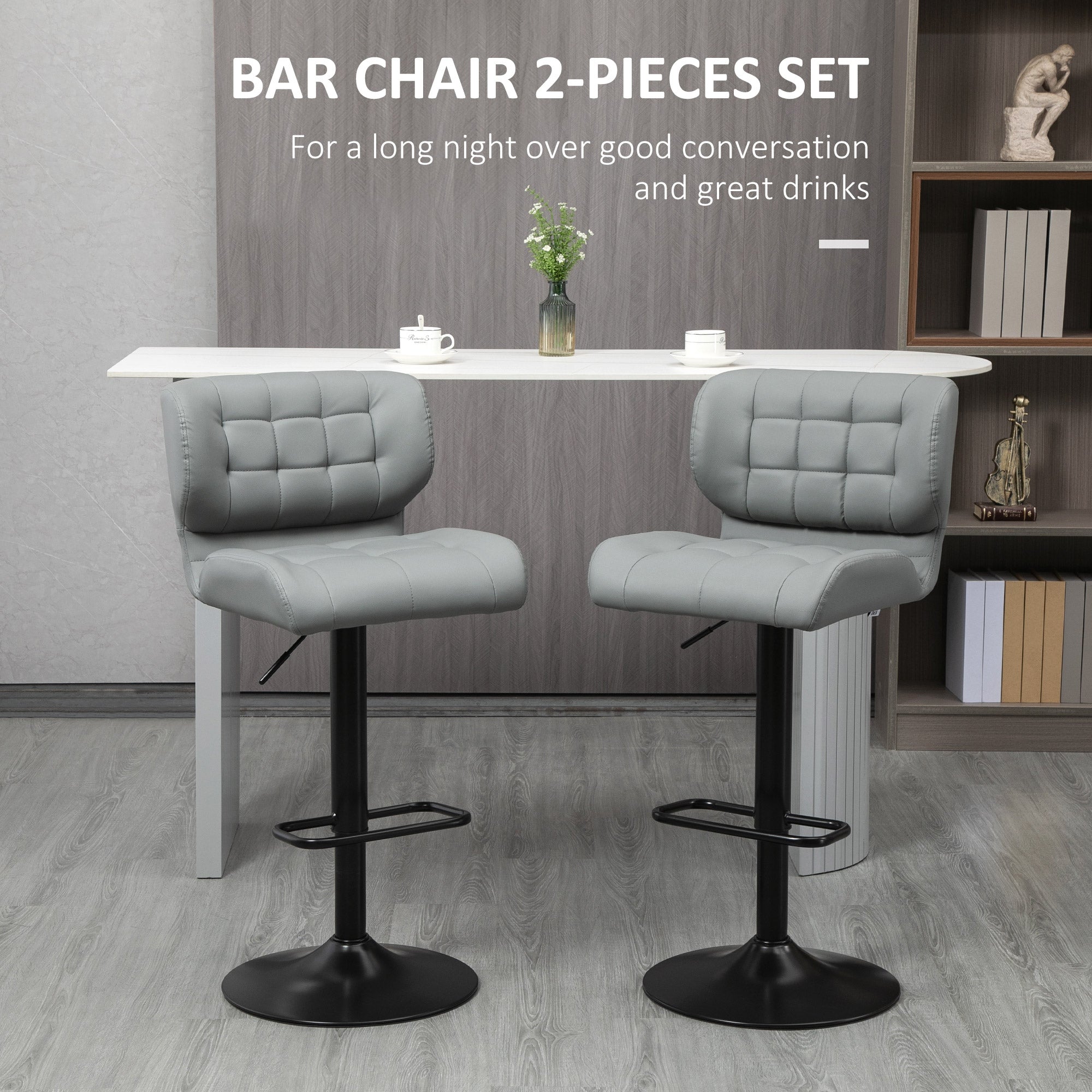 HOMCOM Adjustable Bar Stools Set of 2, Swivel Tufted PU Leather Barstools with Footrest and Back, Bar Chairs for Kitchen Counter and Dining Room, Grey