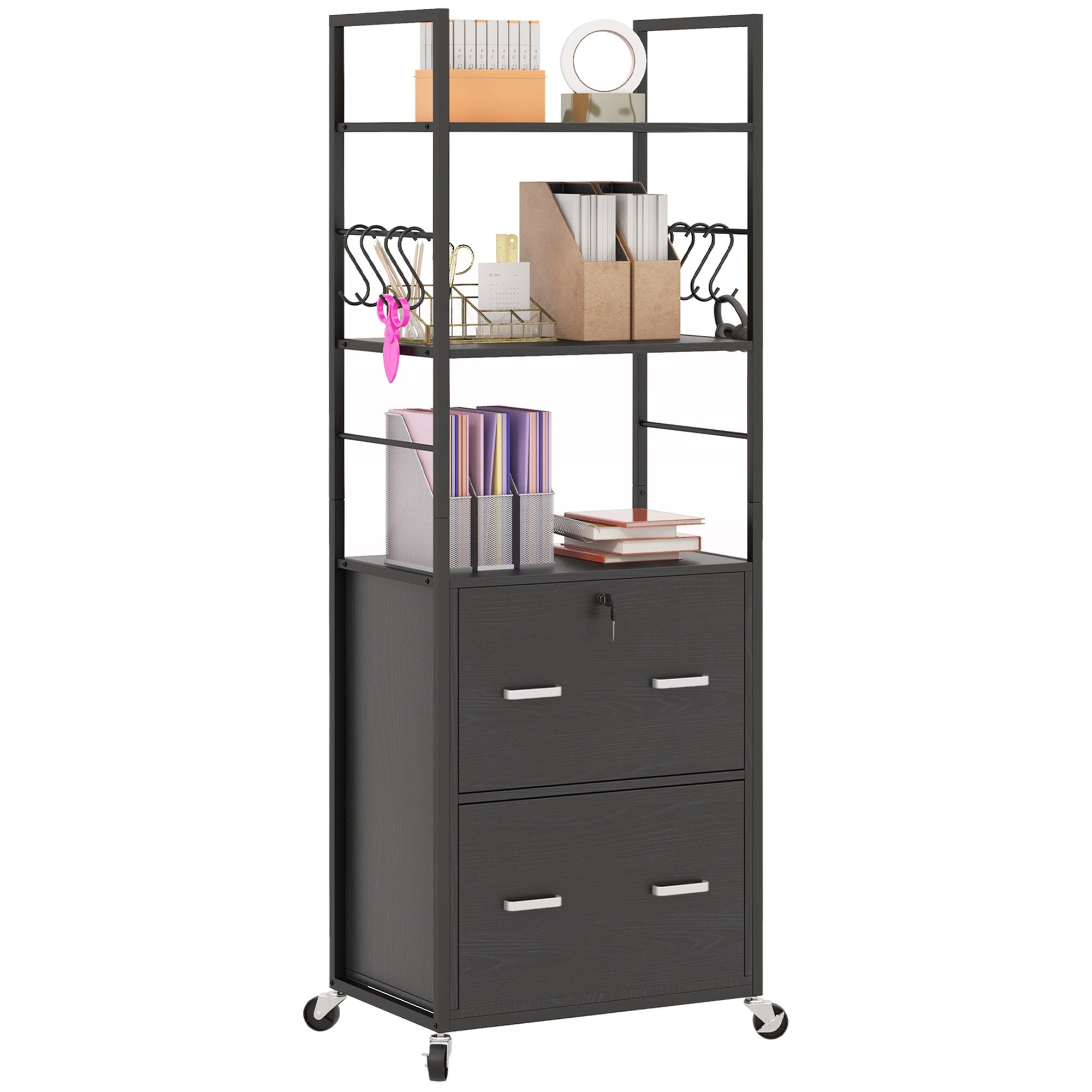 Vinsetto 2 Drawer File Cabinet with Keys, Lockable Filing Cabinet with Adjustable Hanging Bar for Letter, A4 and Legal Size, 67.7" Tall Printer Stand with Storage Shelves and Hooks, Black