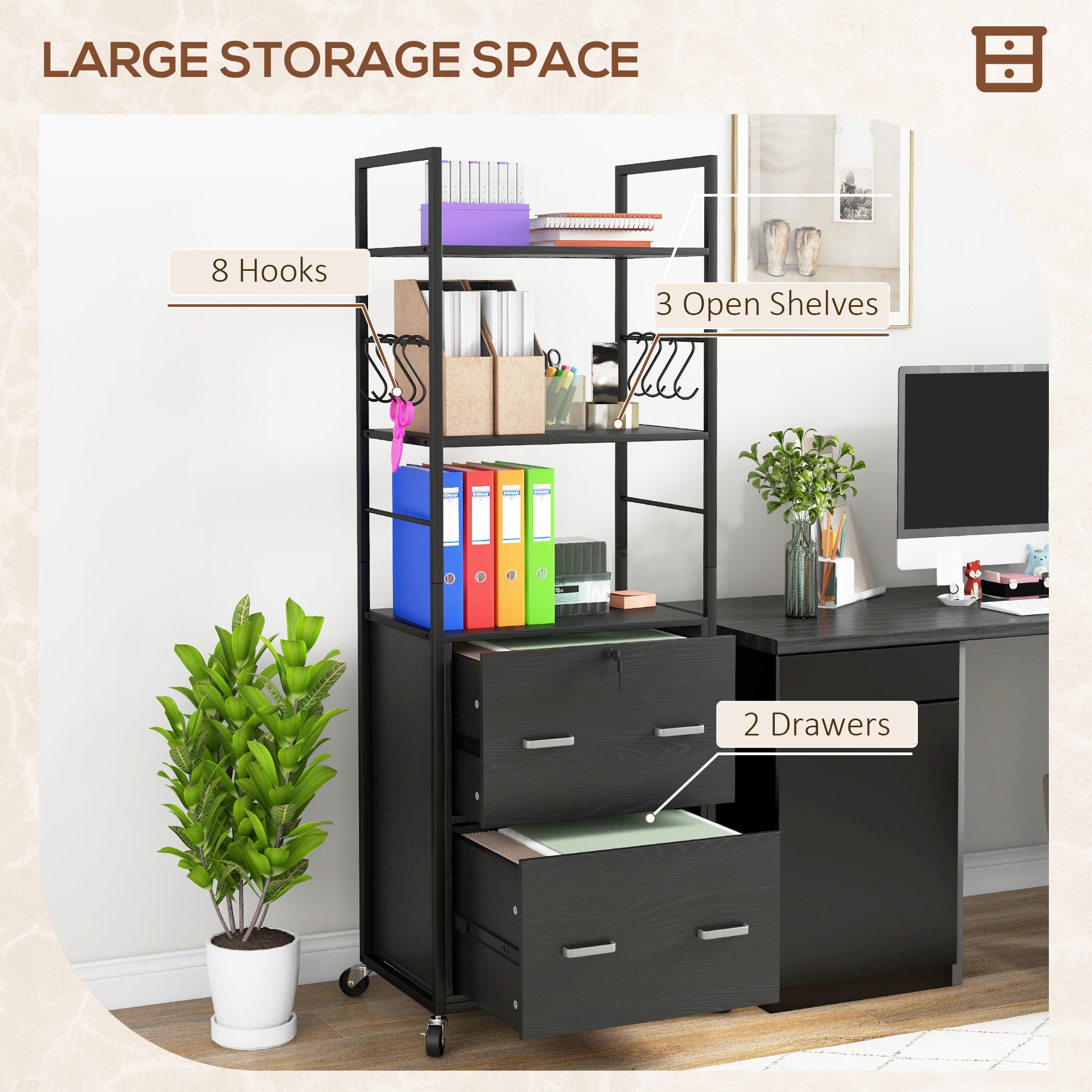 Vinsetto 2 Drawer File Cabinet with Keys, Lockable Filing Cabinet with Adjustable Hanging Bar for Letter, A4 and Legal Size, 67.7" Tall Printer Stand with Storage Shelves and Hooks, Black