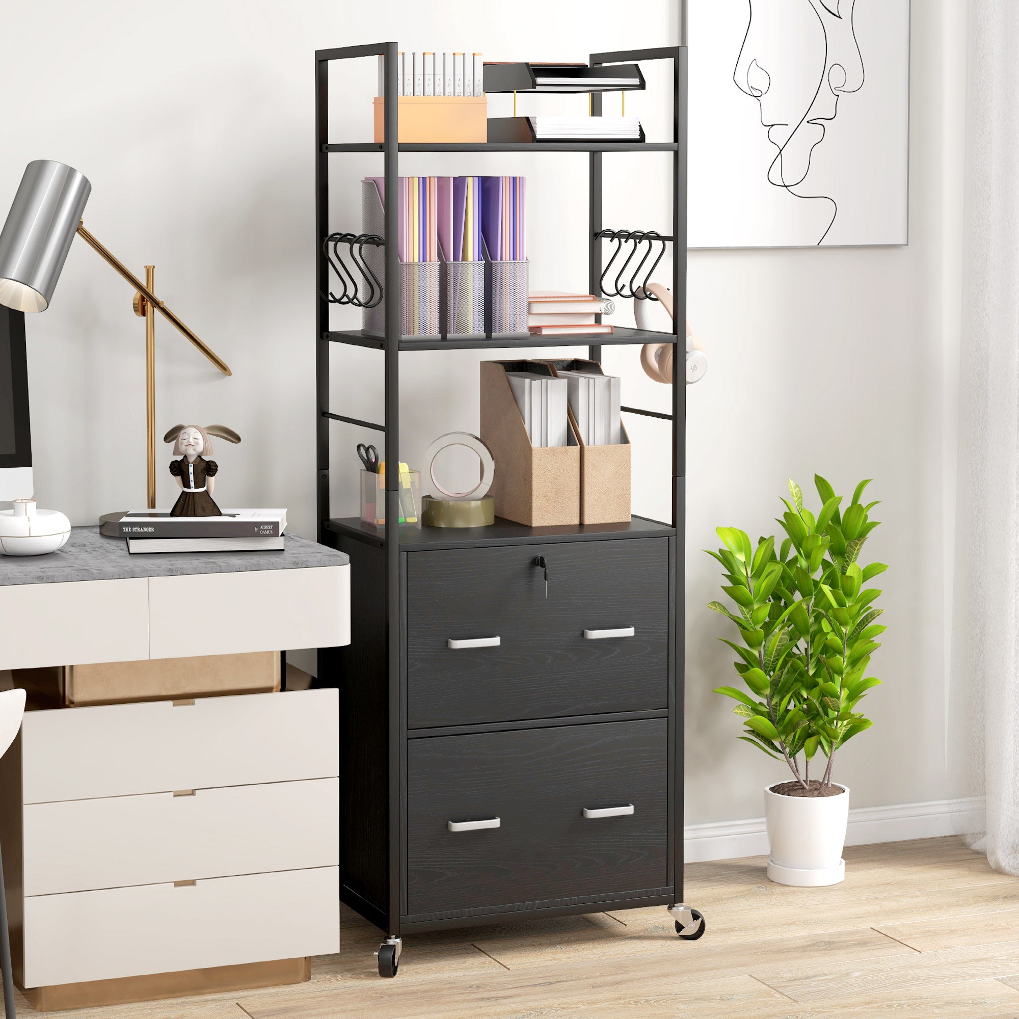 Vinsetto 2 Drawer File Cabinet with Keys, Lockable Filing Cabinet with Adjustable Hanging Bar for Letter, A4 and Legal Size, 67.7" Tall Printer Stand with Storage Shelves and Hooks, Black