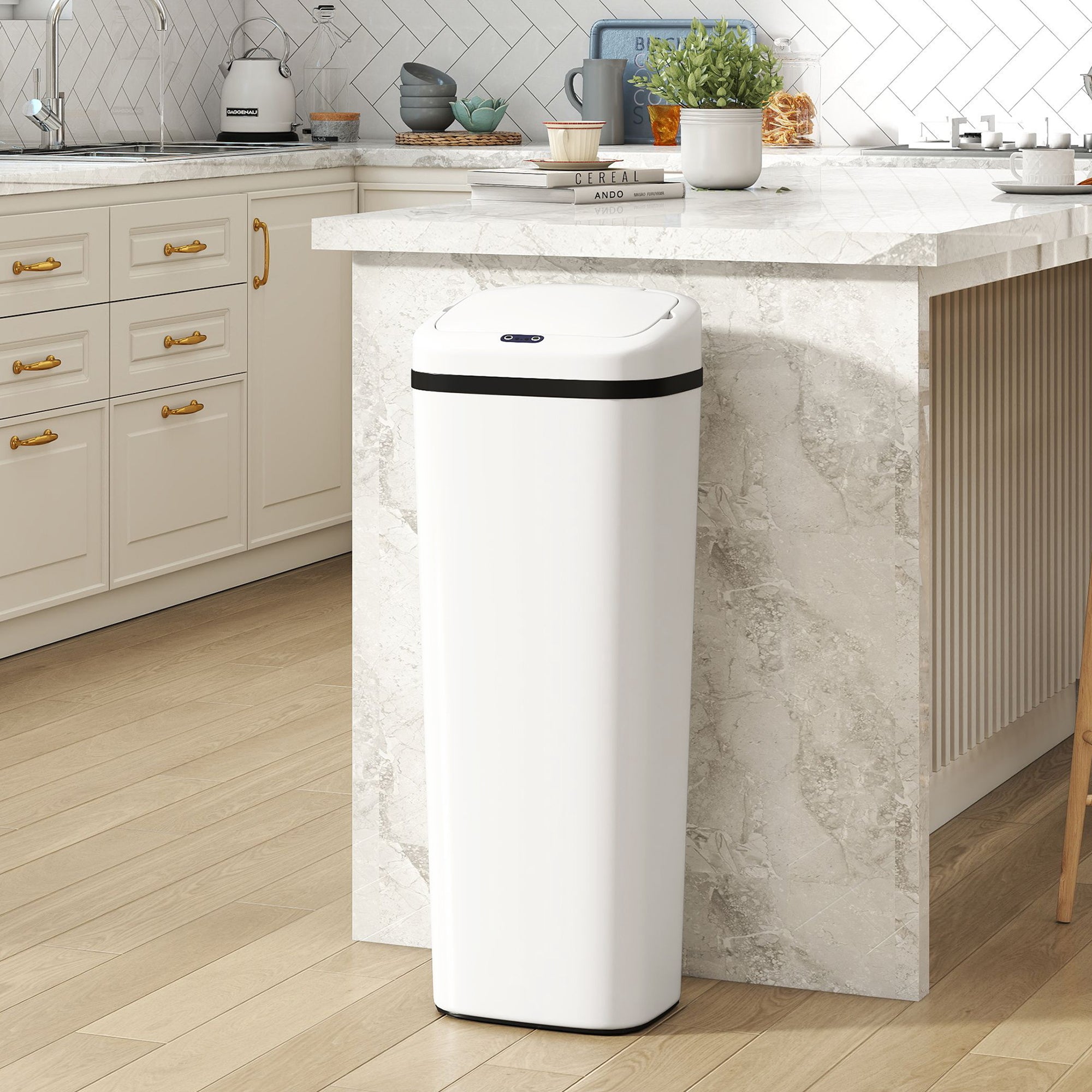 50L Sensor Bin, Stainless Steel Automatic Touchless Slim Kitchen Bin with Dual-Mode Opening, Fingerprint-Proof, Easy Clean, Battery Operated for Home Office, Bedroom, Bathroom, White