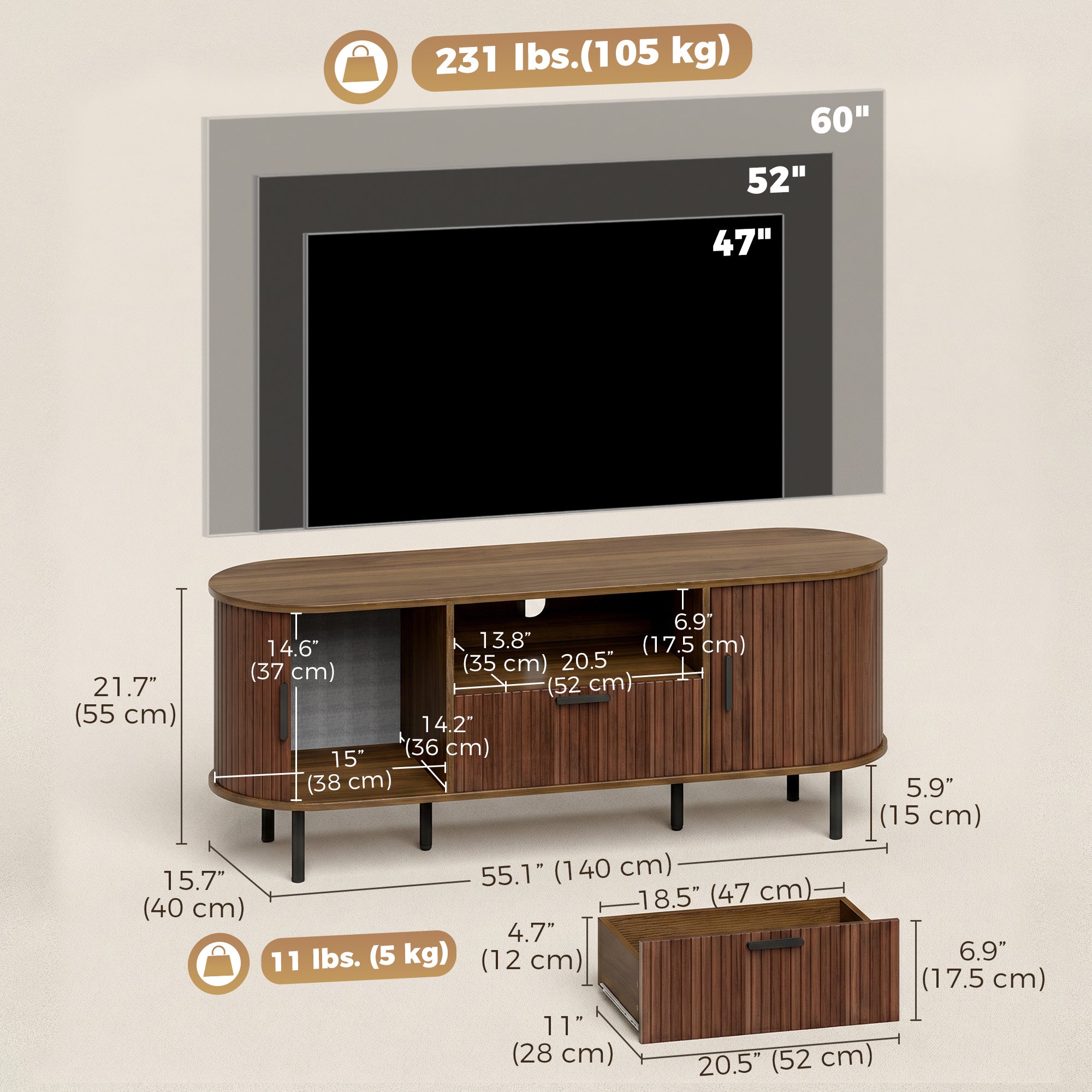 TV Stand for TVs up to 60", Modern Entertainment Center with Curved Sliding Doors, Media Console with Drawer, Cabinet and Shelf, Brown