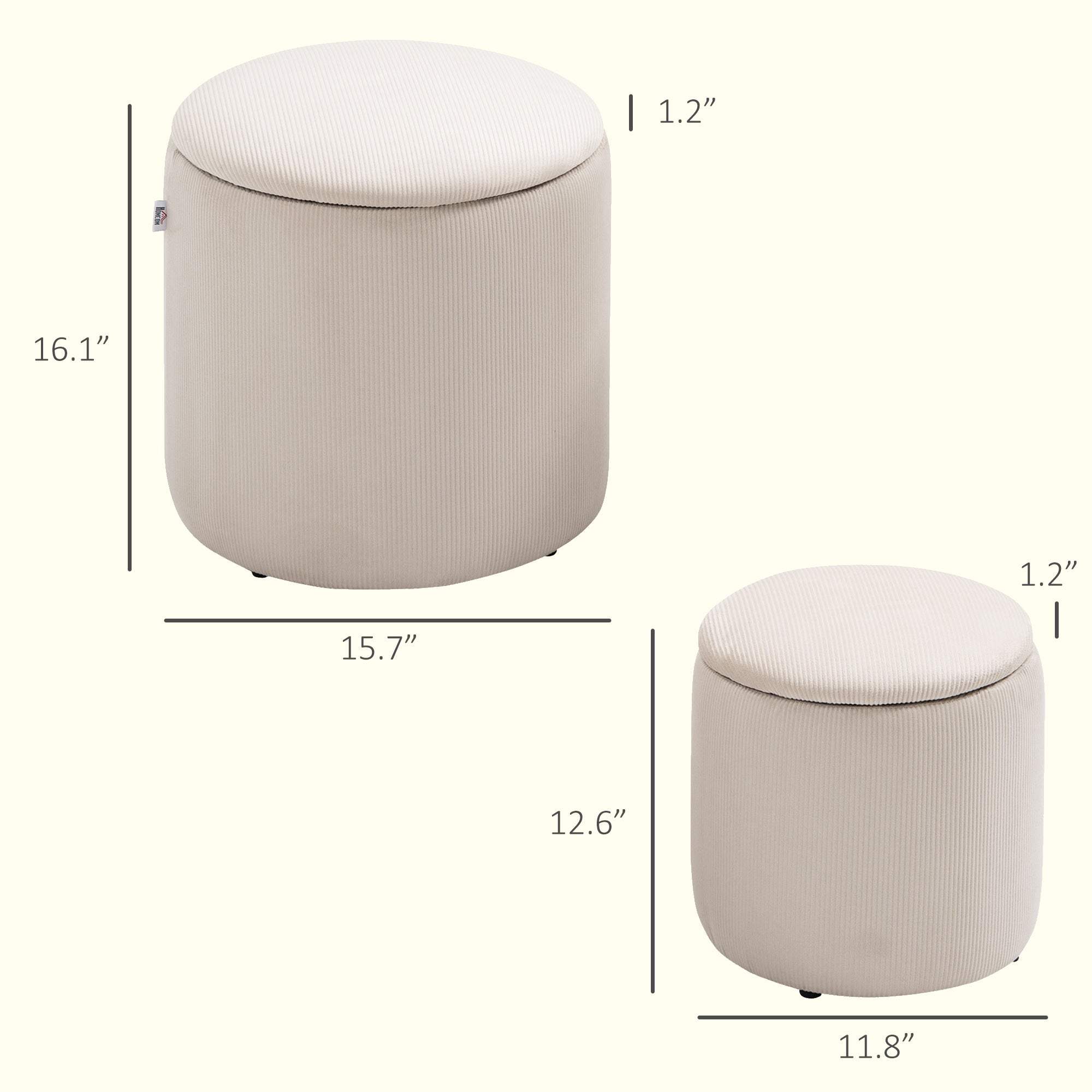 Ottoman with Storage Set of 2, Corduroy Stool with Removable Wood Lid, Hidden Space, Nesting Ottoman Stool for Living Room, Cream White