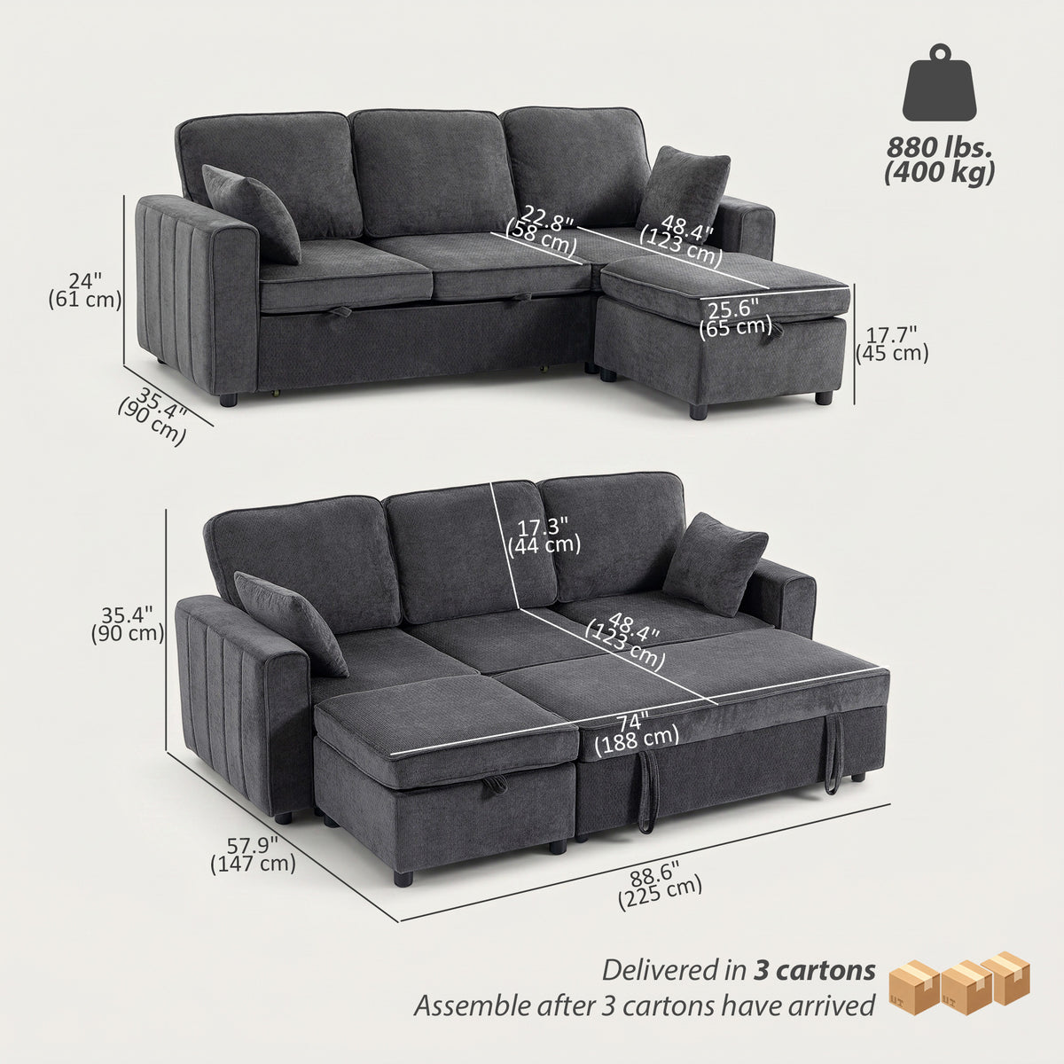 Modular Sectional Sofa Bed with Reversible Storage Ottoman, Chenille Pull Out Sleeper Sofa with Spring Cushion, Wide and Deep Seat, 3 Seater Couch for Living Room, Dark Grey