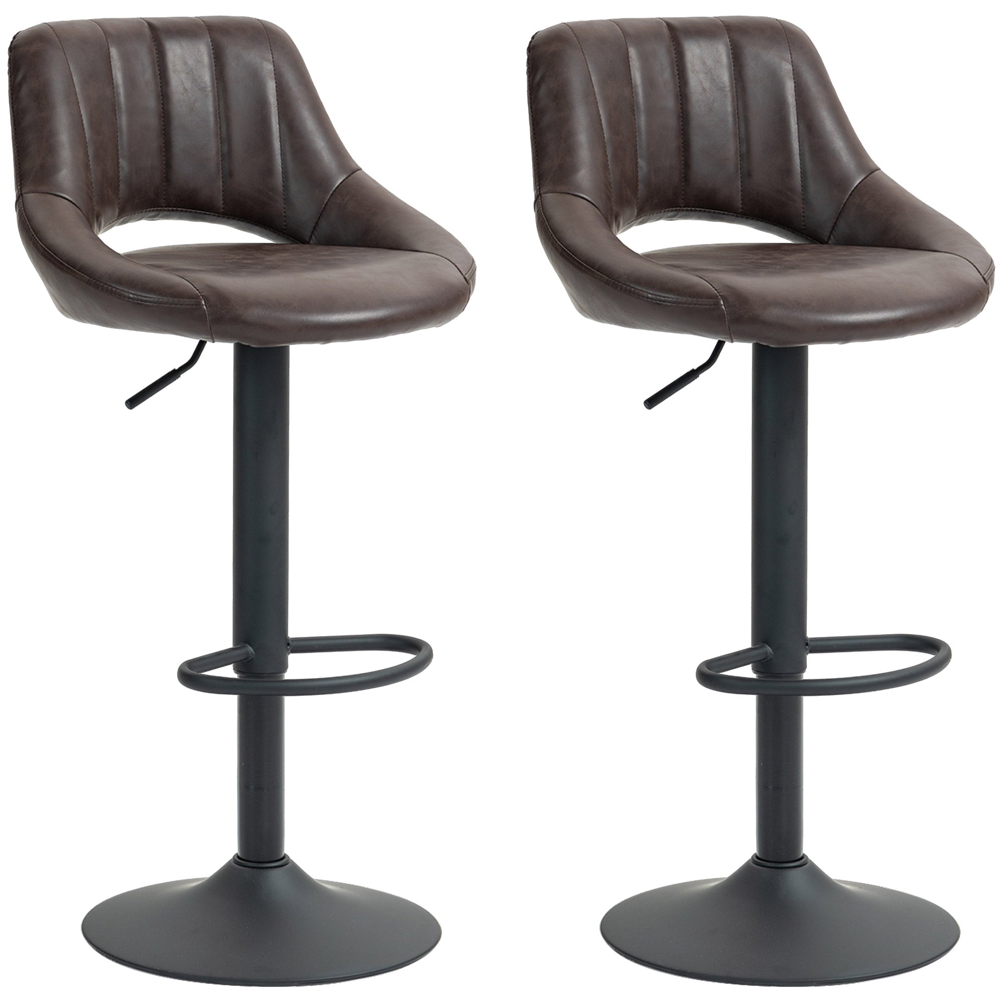 HOMCOM Bar Stools Set of 2, Swivel Counter Height Barstools with Adjustable Height, Faux Leather Upholstered Bar Chairs with Round Metal Base and Footrest, Brown