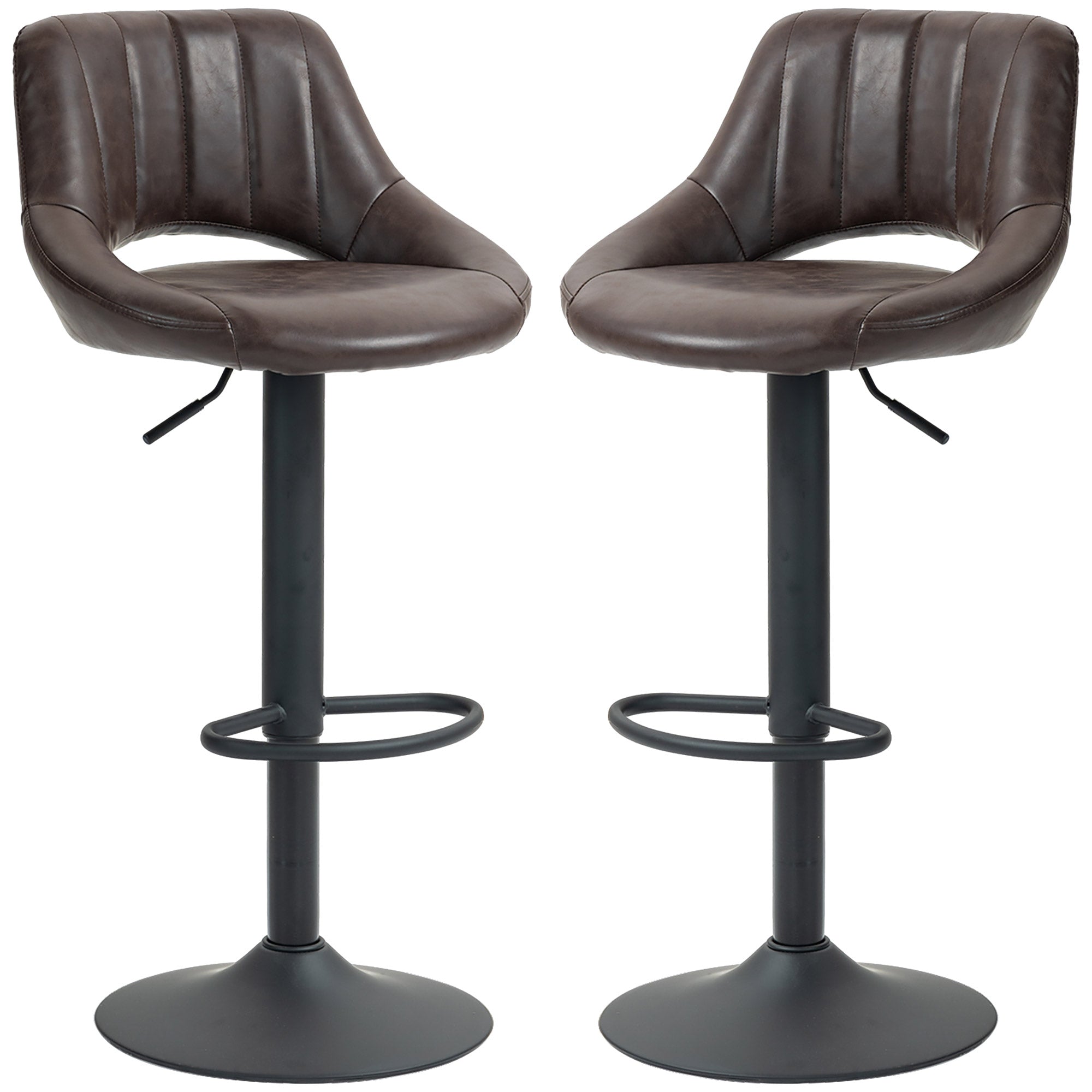 HOMCOM Bar Stools Set of 2, Swivel Counter Height Barstools with Adjustable Height, Faux Leather Upholstered Bar Chairs with Round Metal Base and Footrest, Brown