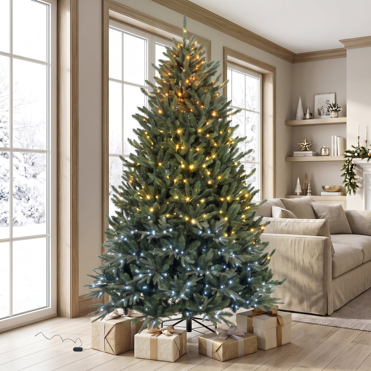 7.5ft Prelit Christmas Tree with Colourful DIY LEDs, Frasier Grande Fir, Hinged Xmas Tree with Remote, 12 Modes, Daily Timer, Dense Tips, Adjustable Brightness