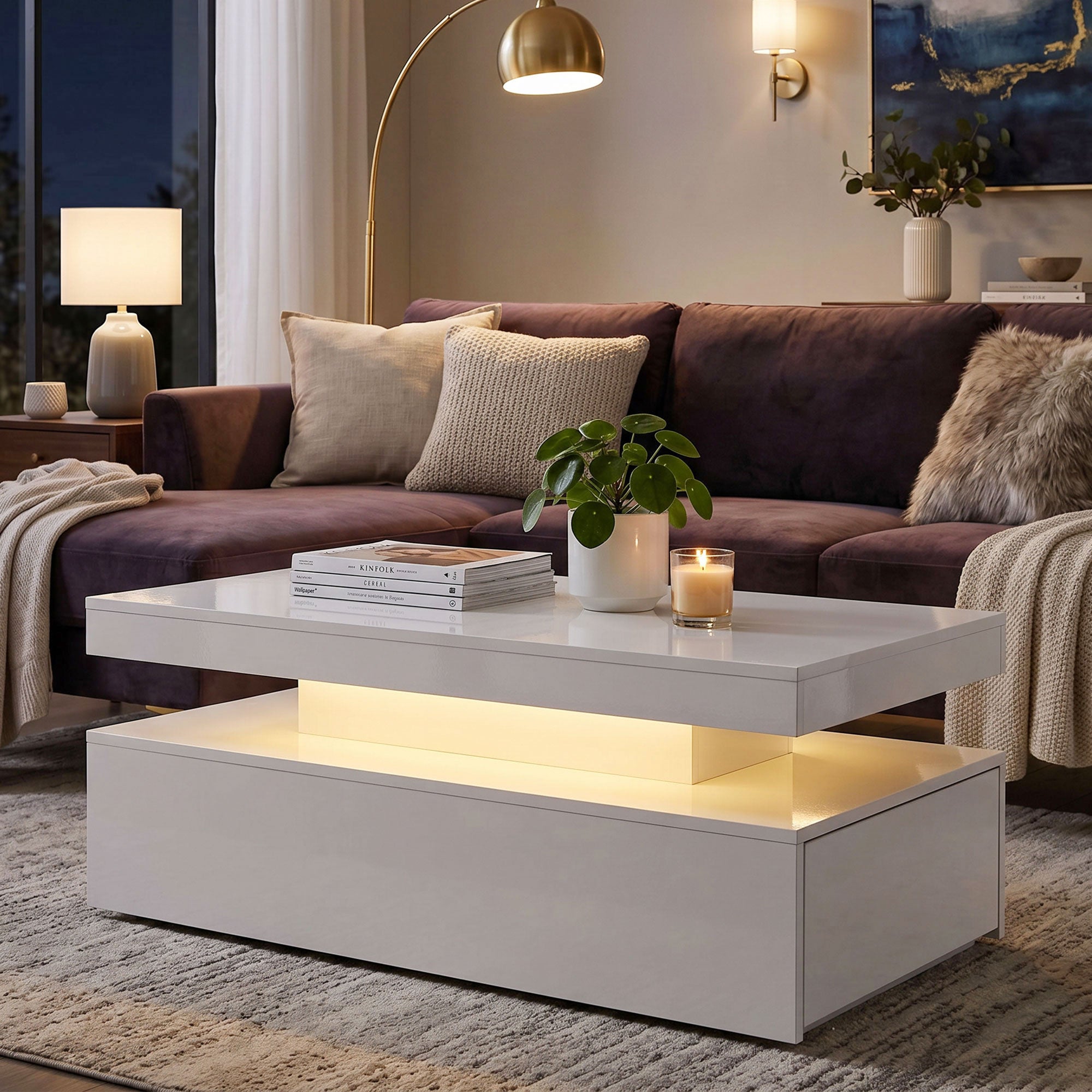 LED Coffee Table with Storage, 2-Tier Modern Rectangular Center Table with 2 Drawers and Open Compartment for Living Room, High Gloss White