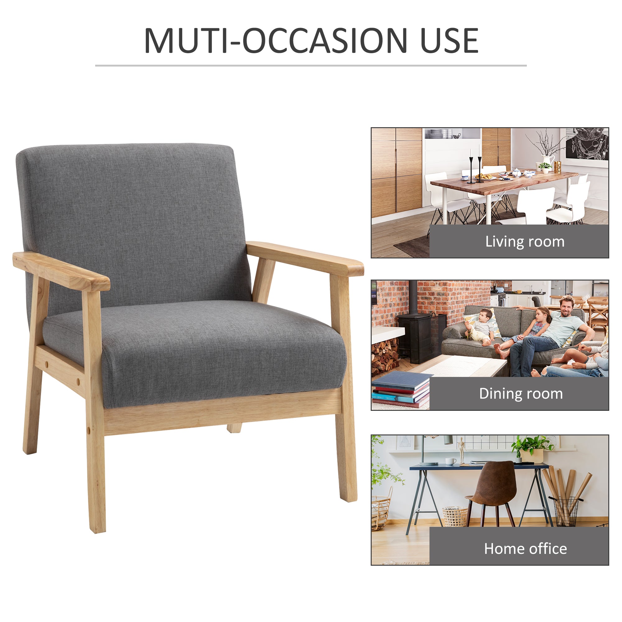 HOMCOM Minimalistic Accent Chairs Wood Frame w/ Thick Linen Cushions Wide Seat Armchair for Bedroom Office, Grey