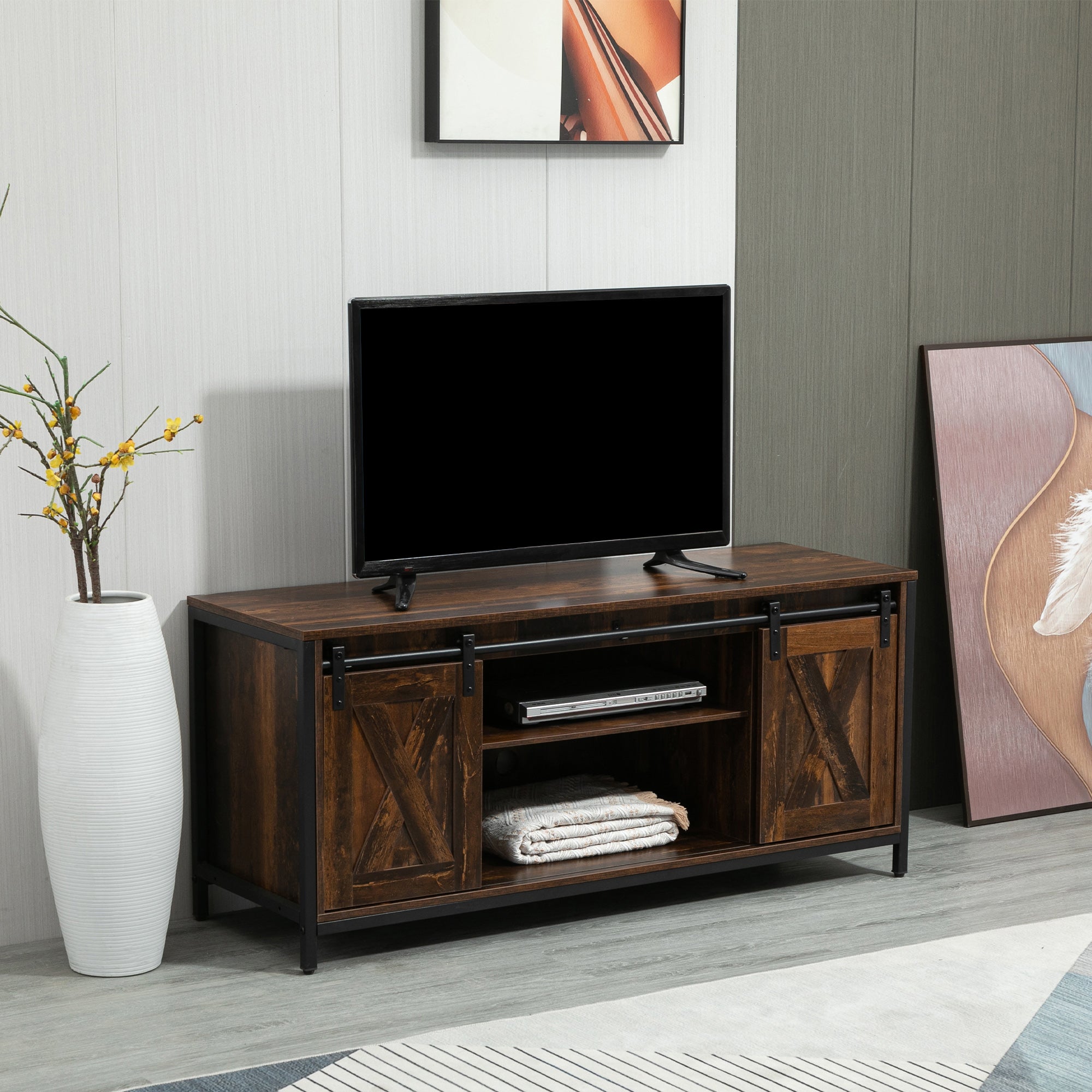 HOMCOM Industrial TV Stand for TVs up to 60", TV Console with Storage and 2 Sliding Barn Doors, Freestanding Entertainment Unit for Living Room, Bedroom, Brown