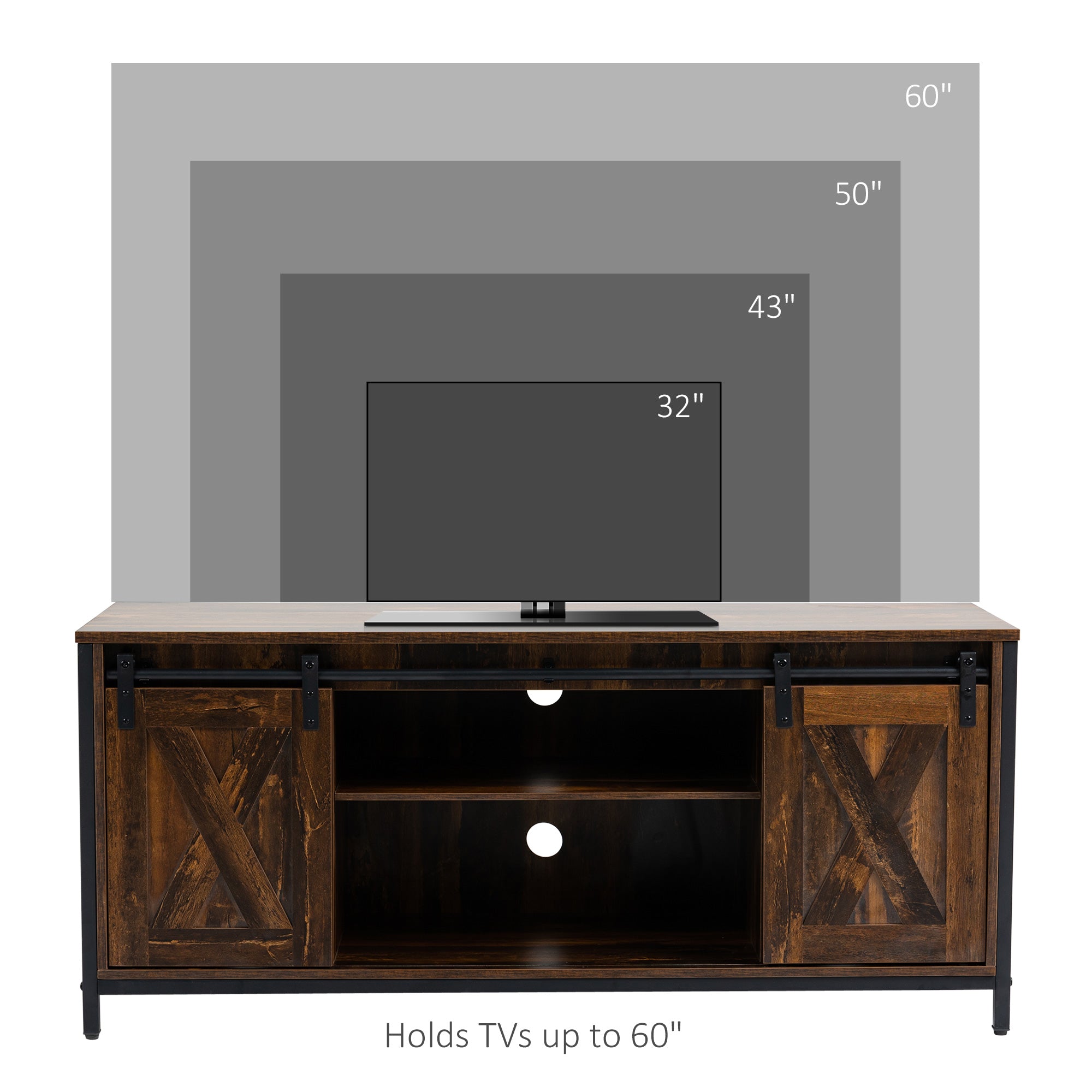 HOMCOM Industrial TV Stand for TVs up to 60", TV Console with Storage and 2 Sliding Barn Doors, Freestanding Entertainment Unit for Living Room, Bedroom, Brown