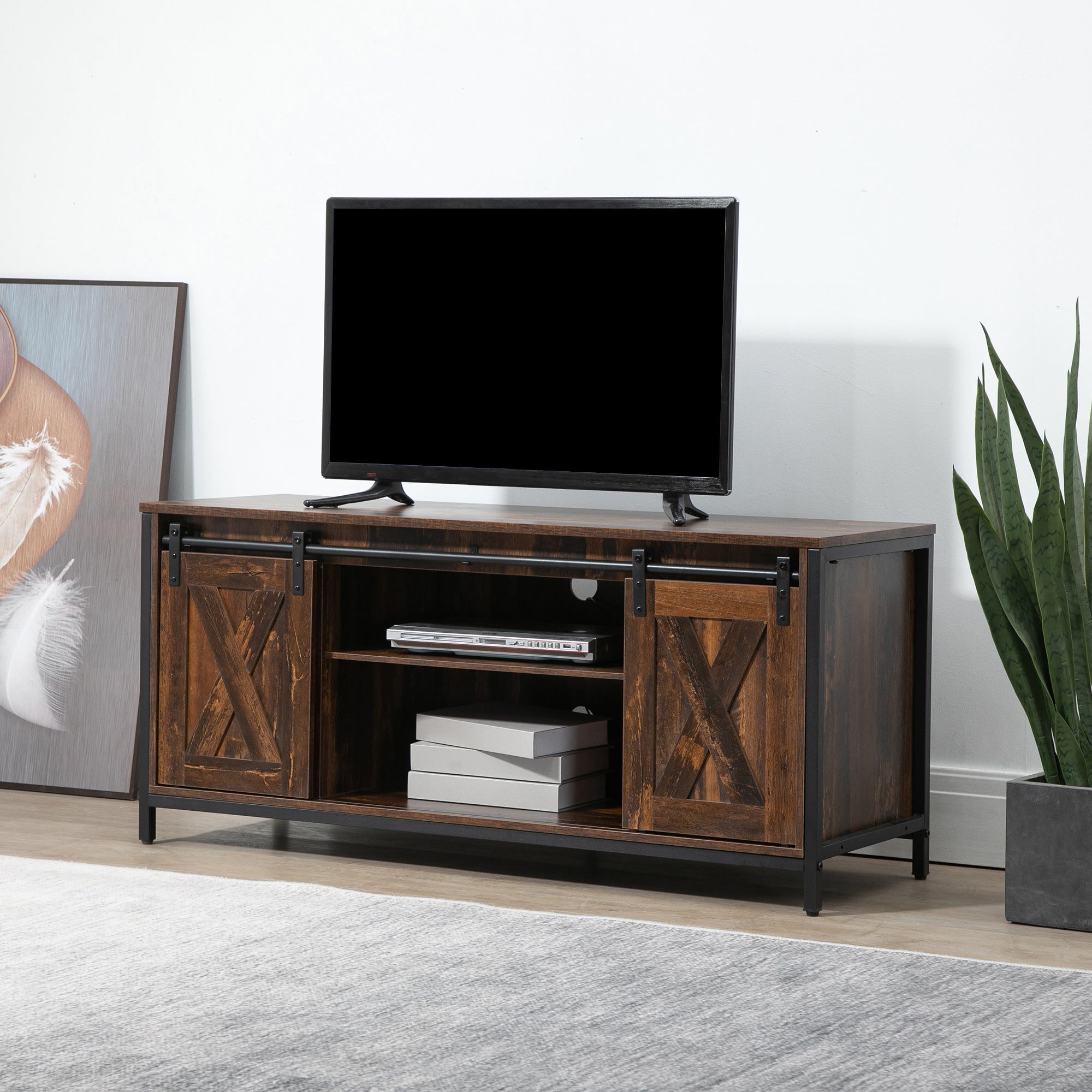 HOMCOM Industrial TV Stand for TVs up to 60", TV Console with Storage and 2 Sliding Barn Doors, Freestanding Entertainment Unit for Living Room, Bedroom, Brown