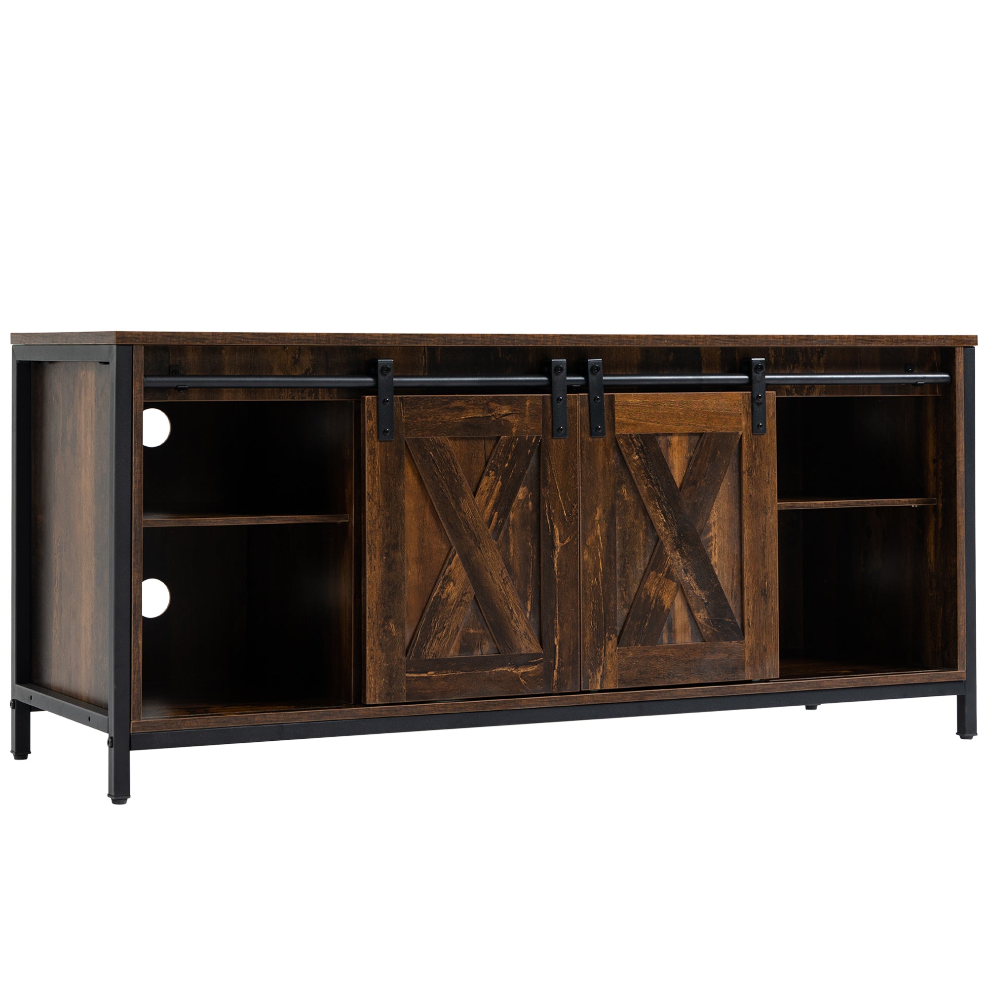 HOMCOM Industrial TV Stand for TVs up to 60", TV Console with Storage and 2 Sliding Barn Doors, Freestanding Entertainment Unit for Living Room, Bedroom, Brown