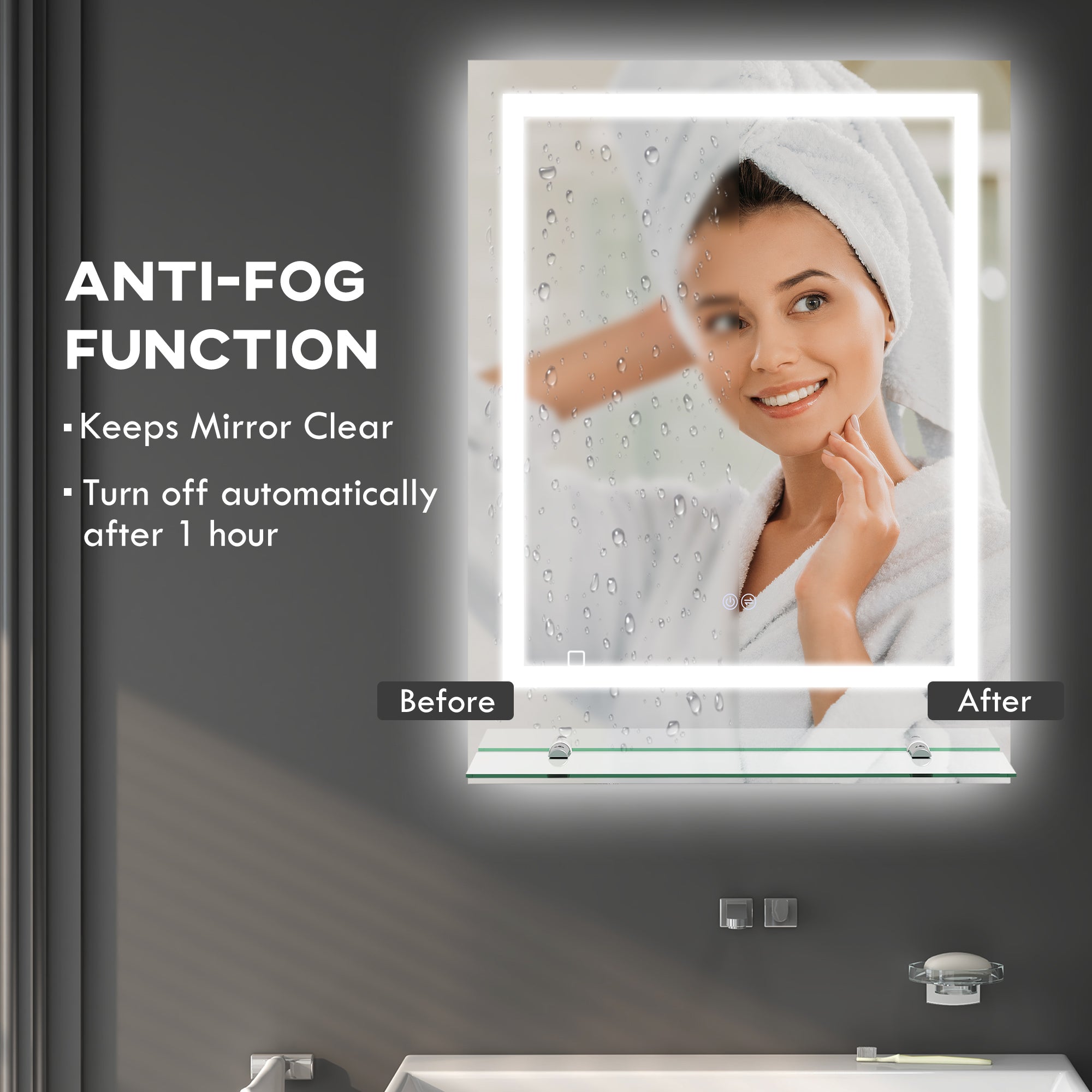 kleankin Bathroom Mirror with LED Lights, Dimmable Makeup Mirror with Storage Shelf, 3 Temperature Colours, Defogging Film and Memory Function, Hardwired, 70 x 50cm