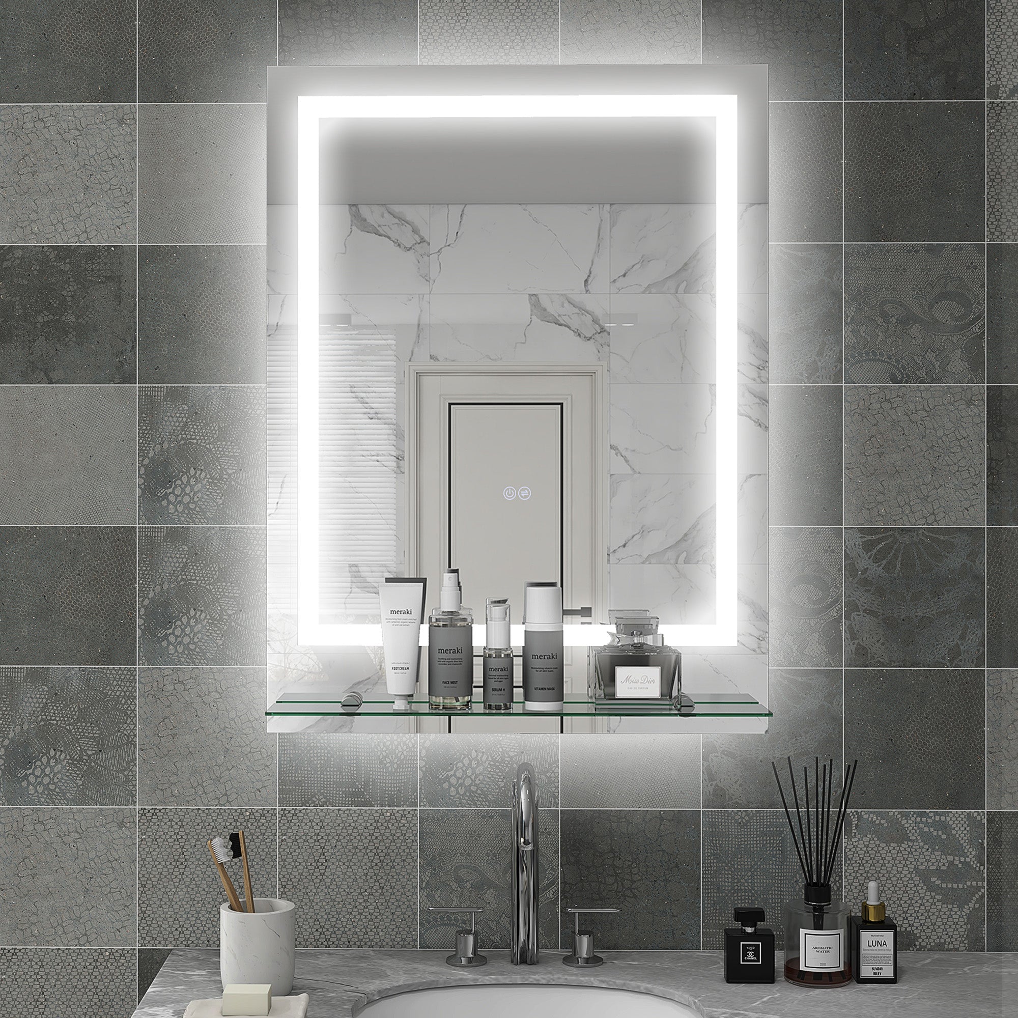 kleankin Bathroom Mirror with LED Lights, Dimmable Makeup Mirror with Storage Shelf, 3 Temperature Colours, Defogging Film and Memory Function, Hardwired, 70 x 50cm