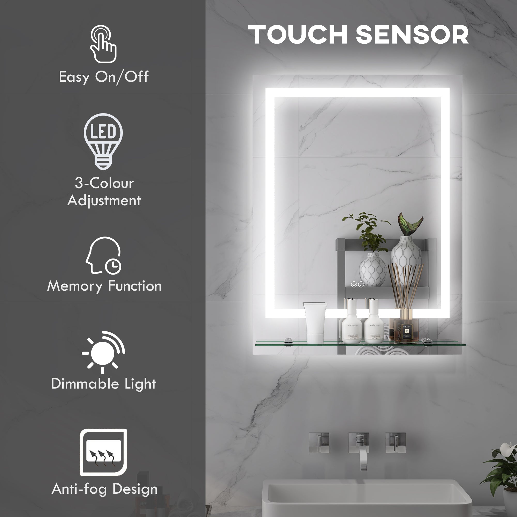 kleankin Bathroom Mirror with LED Lights, Dimmable Makeup Mirror with Storage Shelf, 3 Temperature Colours, Defogging Film and Memory Function, Hardwired, 70 x 50cm