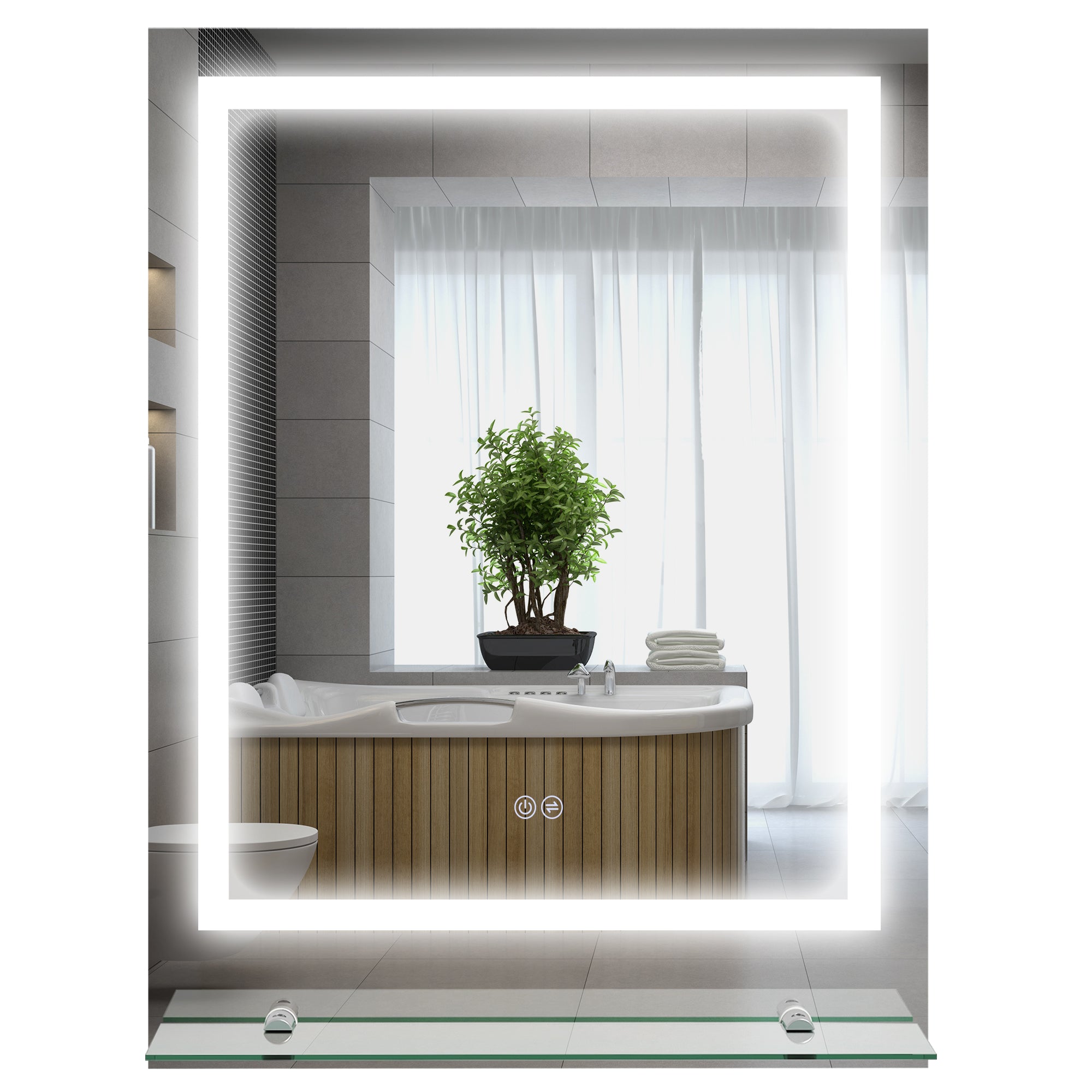 kleankin Bathroom Mirror with LED Lights, Dimmable Makeup Mirror with Storage Shelf, 3 Temperature Colours, Defogging Film and Memory Function, Hardwired, 70 x 50cm