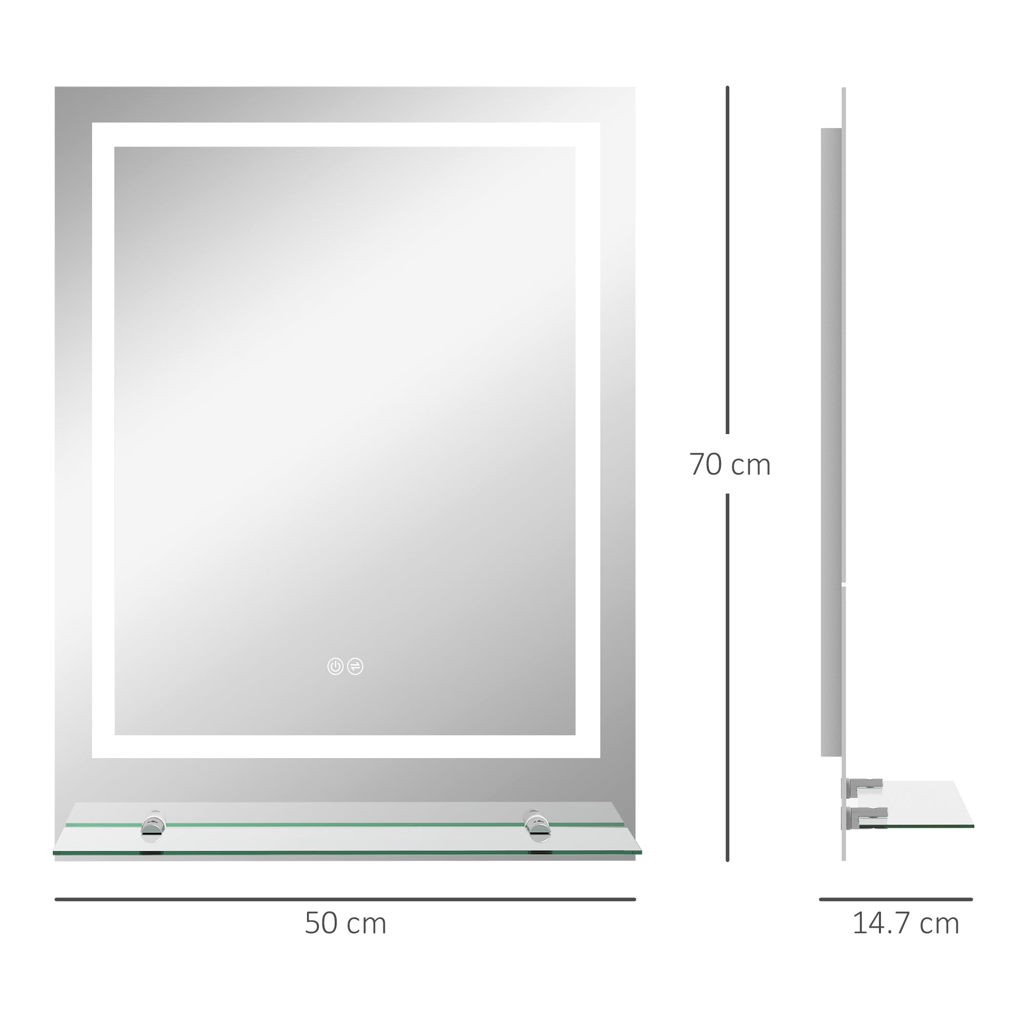 kleankin Bathroom Mirror with LED Lights, Dimmable Makeup Mirror with Storage Shelf, 3 Temperature Colours, Defogging Film and Memory Function, Hardwired, 70 x 50cm