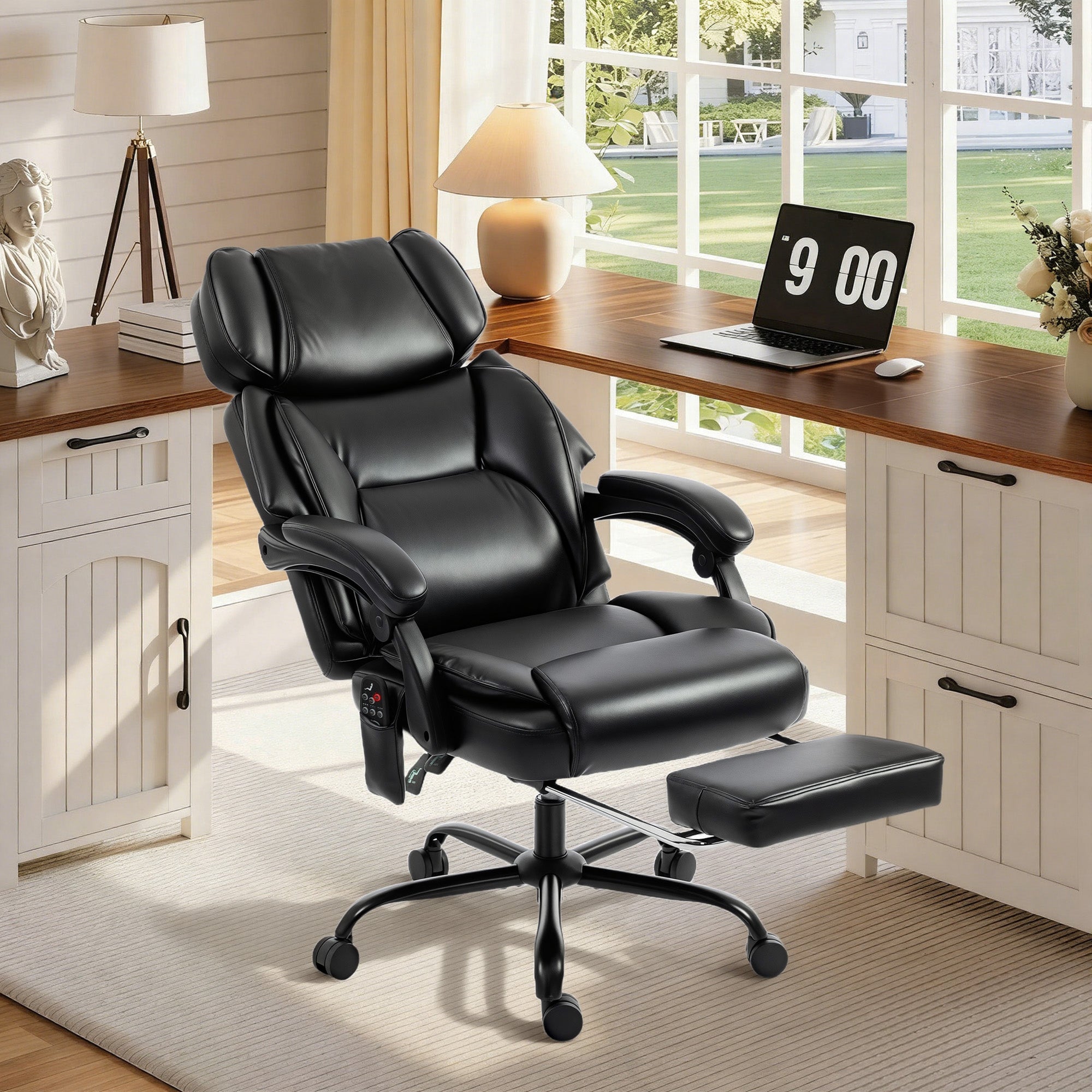High Back Vibration Massage Office Chair, Heated Reclining PU Leather Computer Chair with Headrest, Footrest, Padded Armrests, Adjustable Height, Swivel Wheels, Remote, Black