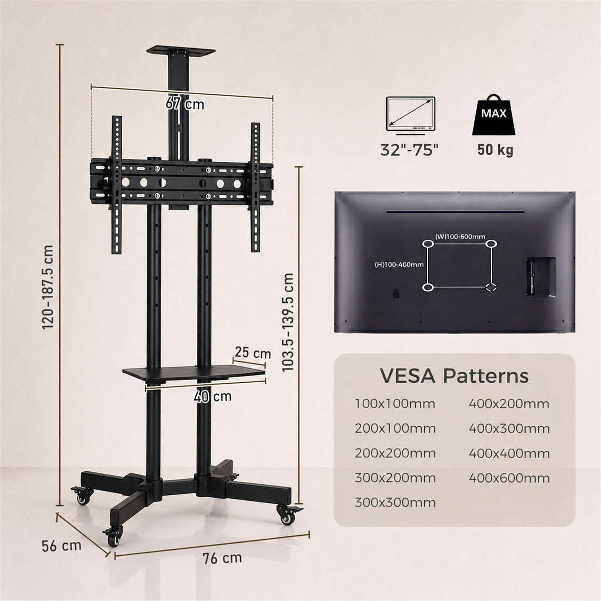 Mobile TV Stand on Wheels for 32-75 Inch Screens, Mobile TV Cart with Tilt, Height Adjustable, Locking Wheels, Camera Shelf & Media Shelf, Max VESA 400 x 600 mm, Black