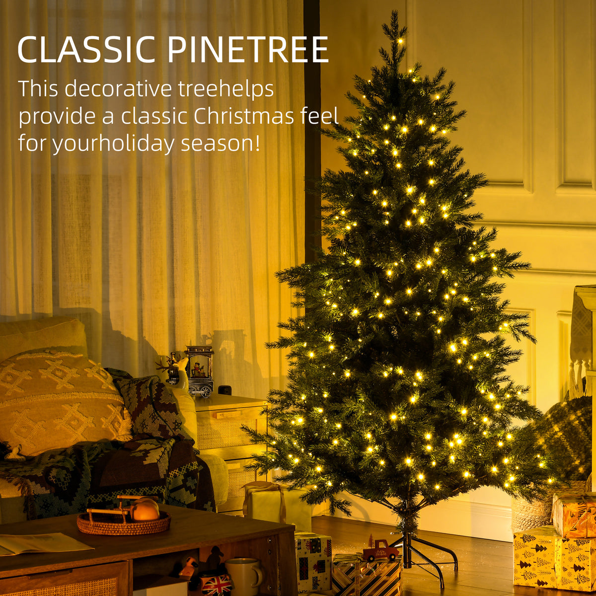 6ft Tall Prelit Artificial Christmas Tree Holiday Décor with 2328 Branches, 400 Warm White LED Lights, Auto Open, 8 Light Modes