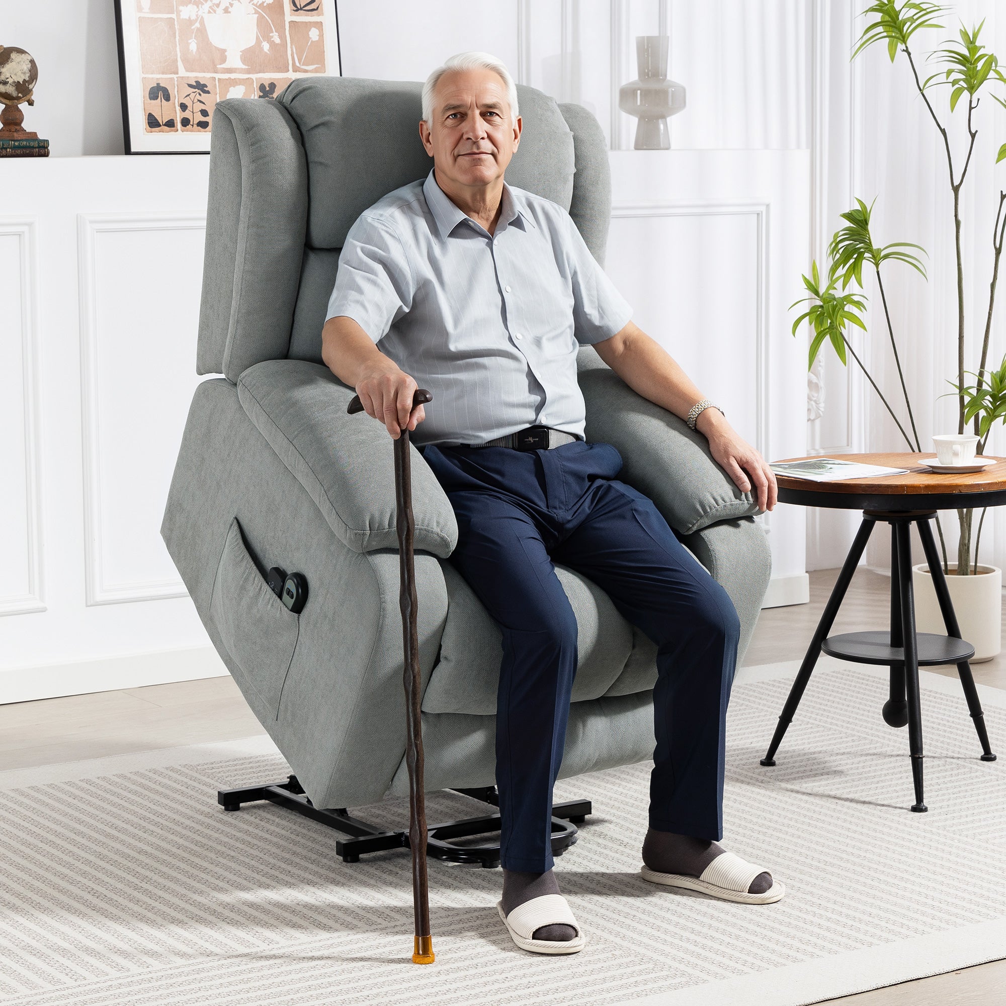 Power Lift Recliner Chair with Massage, Linen Overstuffed Lift Chair for Elderly, Electric Recliner Armchair with Footrest, Remote Control and Side Pocket, for Living Room, Light Grey