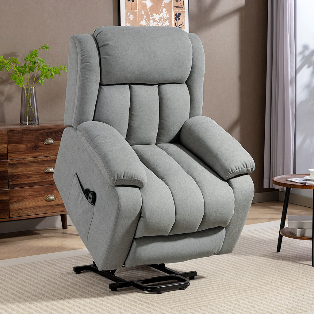 Power Lift Recliner Chair with Massage, Linen Overstuffed Lift Chair for Elderly, Electric Recliner Armchair with Footrest, Remote Control and Side Pocket, for Living Room, Light Grey