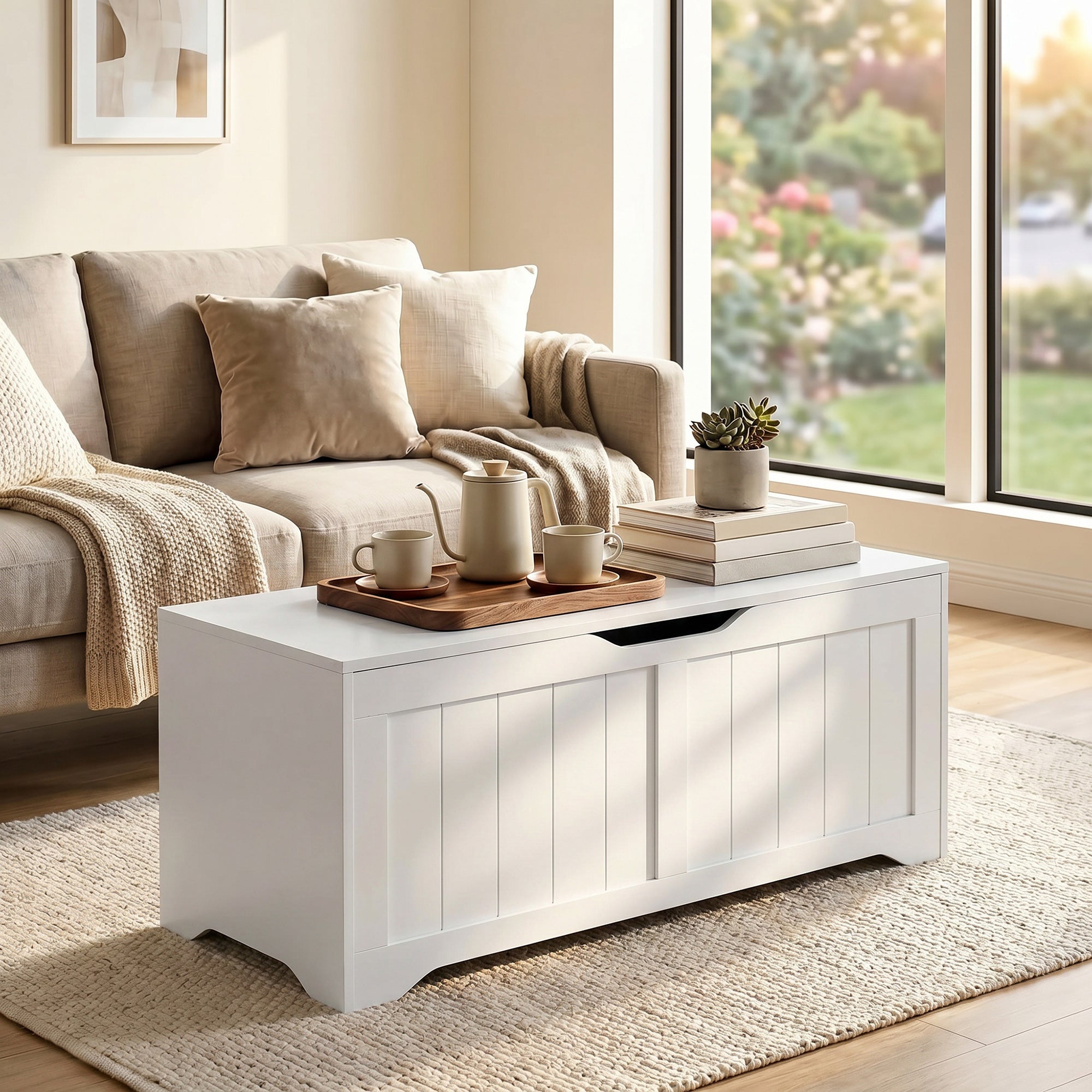 Storage Chest, Modern Storage Trunk with 2 Safety Hinges and Handle-Free Design, Storage Bench for Living Room, Shoe Bench for Entryway, 39.4" x 15.7" x 17.7", White