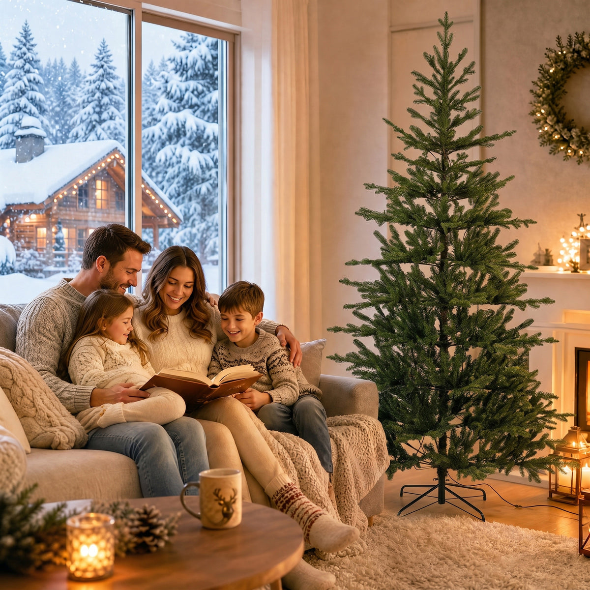 6ft Prelit Sparse Christmas Tree, Artificial Downswept Hinged Xmas Tree with 200 Warm White LED Lights, 8 Modes, 1577 Tips, Metal Stand, Green