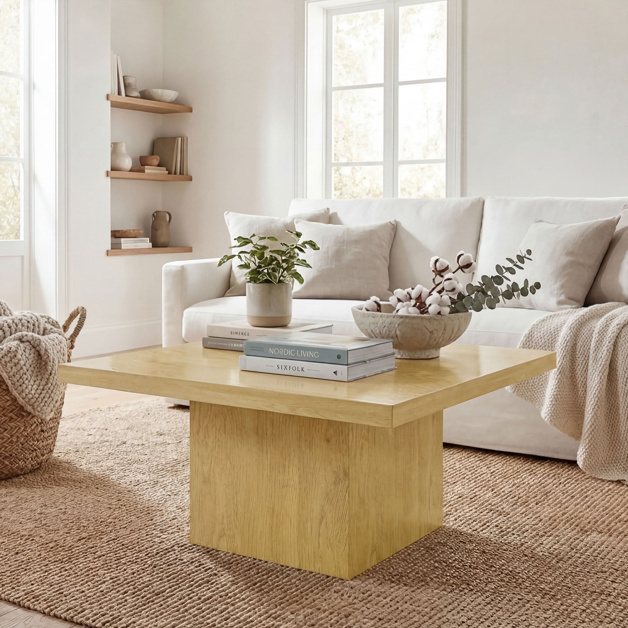 Square Coffee Table, Center Table with 1.6" Thick Tabletop for Living Room, Easy Assembly, 31.5"x31.5", Light Brown