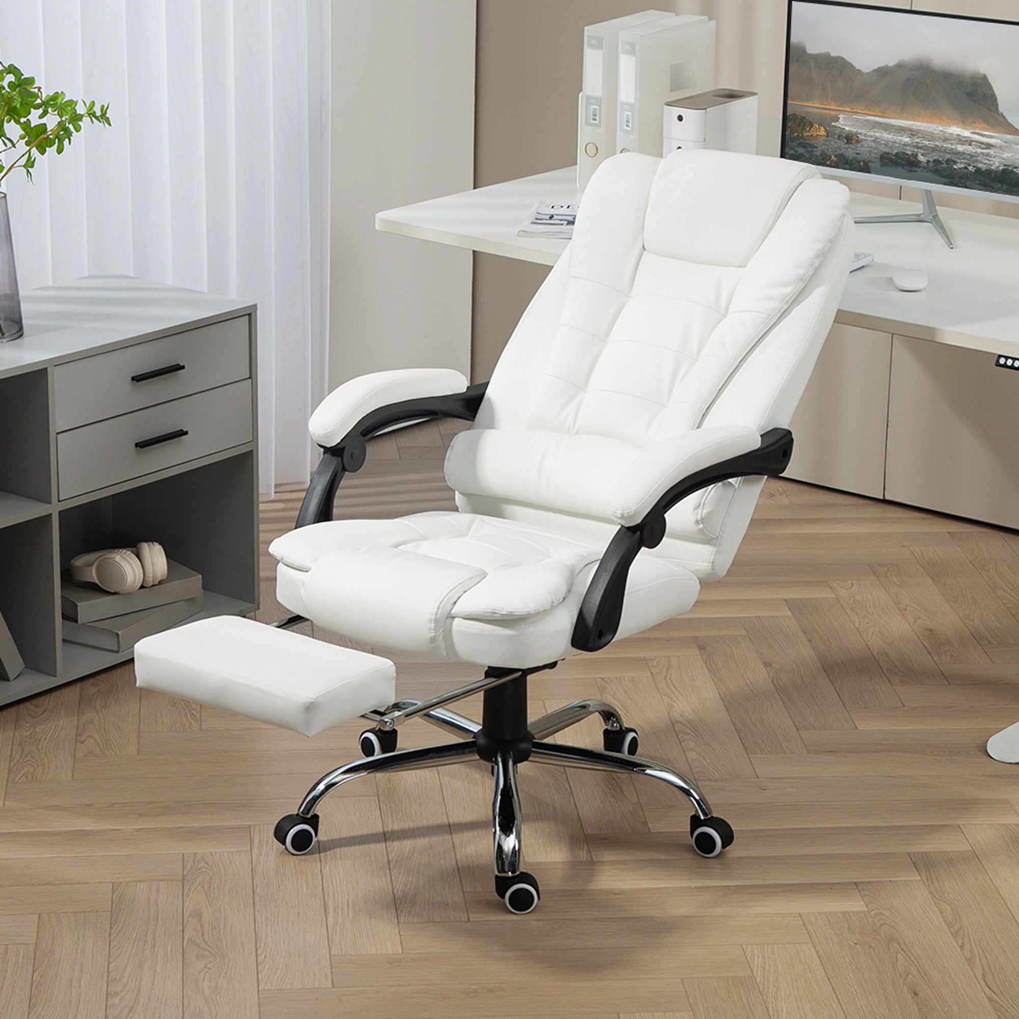 HOMCOM Executive Office Chair High Back PU Leather Reclining Chair with Retractable Footrest Padded Armrest White