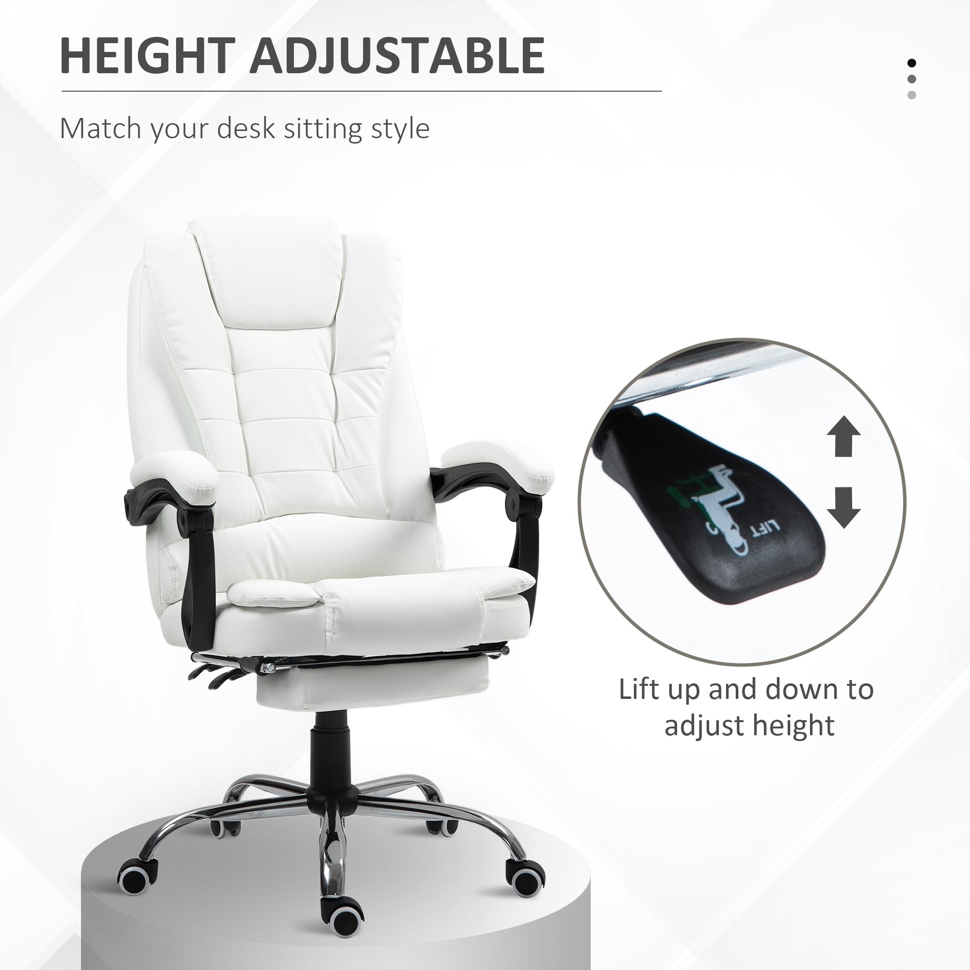 HOMCOM Executive Office Chair High Back PU Leather Reclining Chair with Retractable Footrest Padded Armrest White