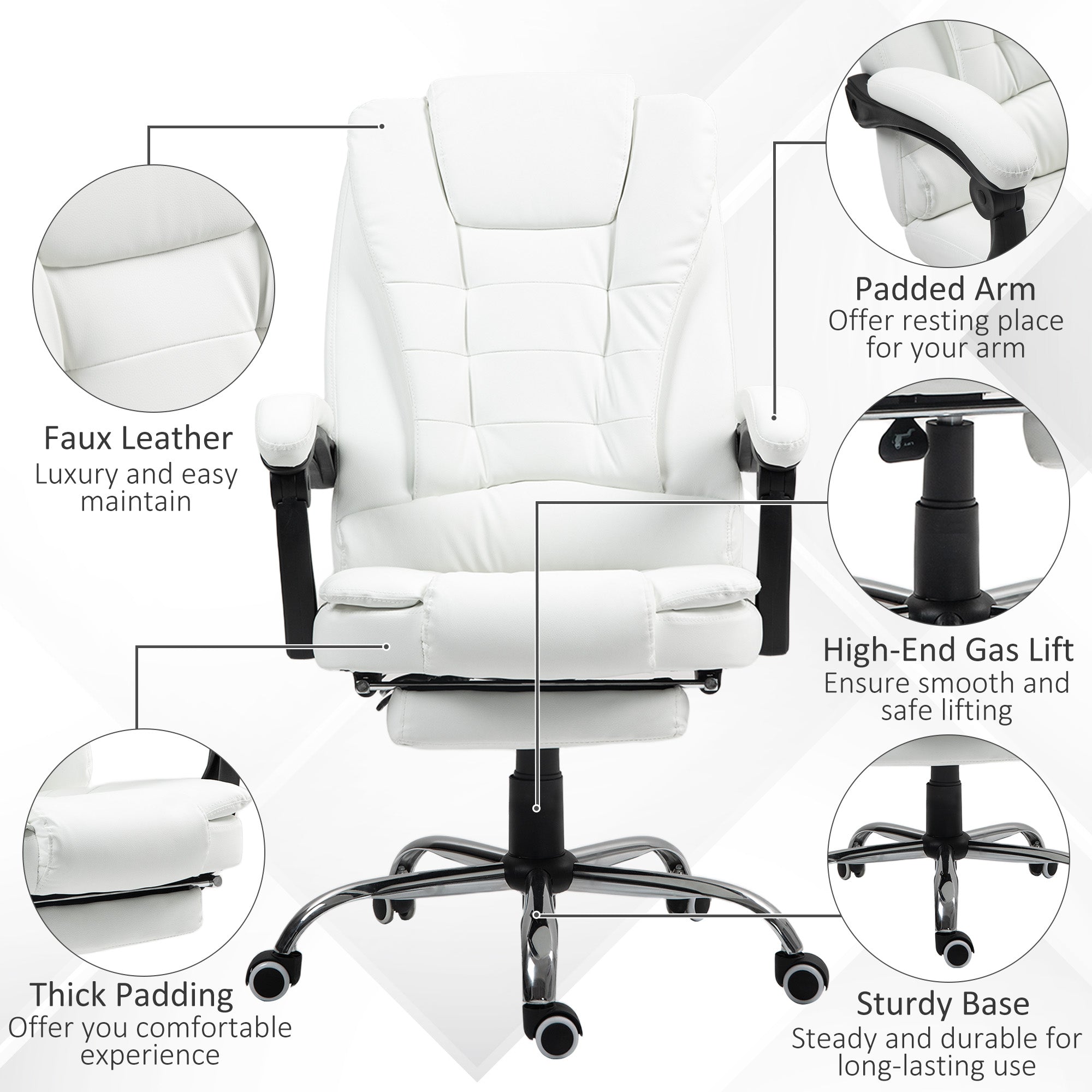 HOMCOM Executive Office Chair High Back PU Leather Reclining Chair with Retractable Footrest Padded Armrest White