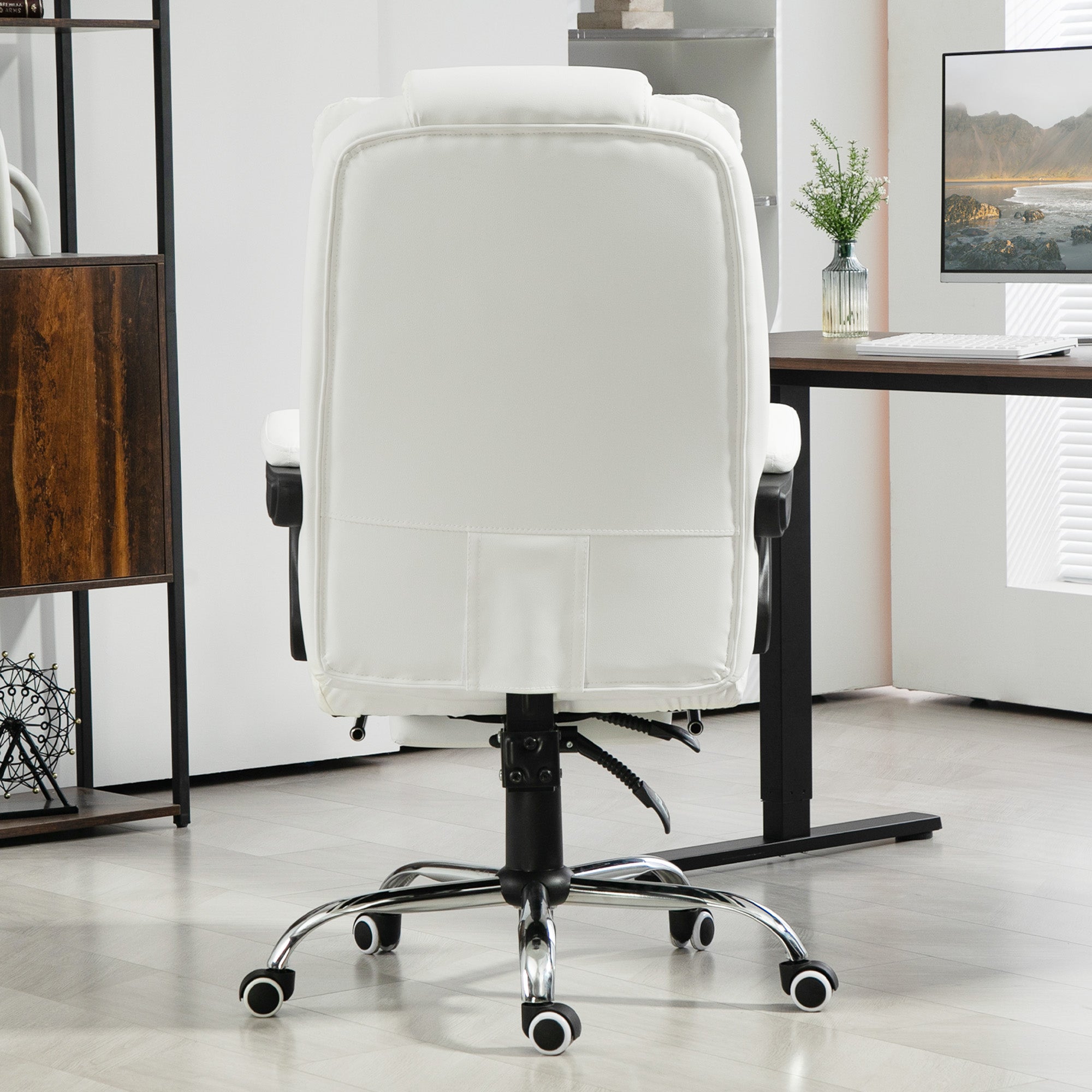 HOMCOM Executive Office Chair High Back PU Leather Reclining Chair with Retractable Footrest Padded Armrest White