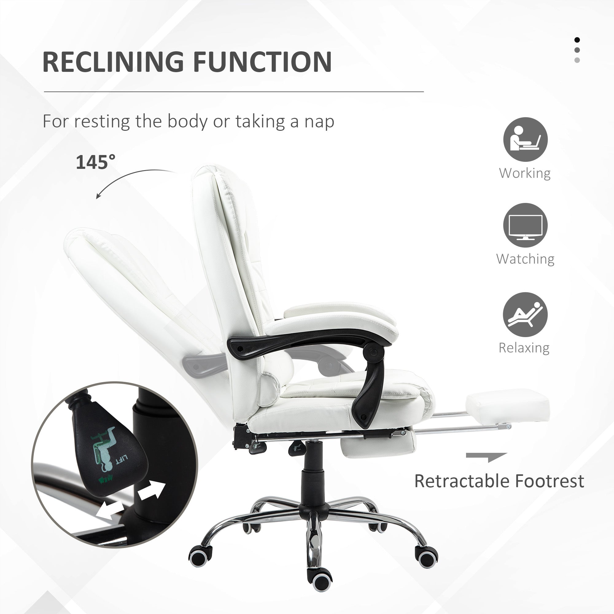 HOMCOM Executive Office Chair High Back PU Leather Reclining Chair with Retractable Footrest Padded Armrest White