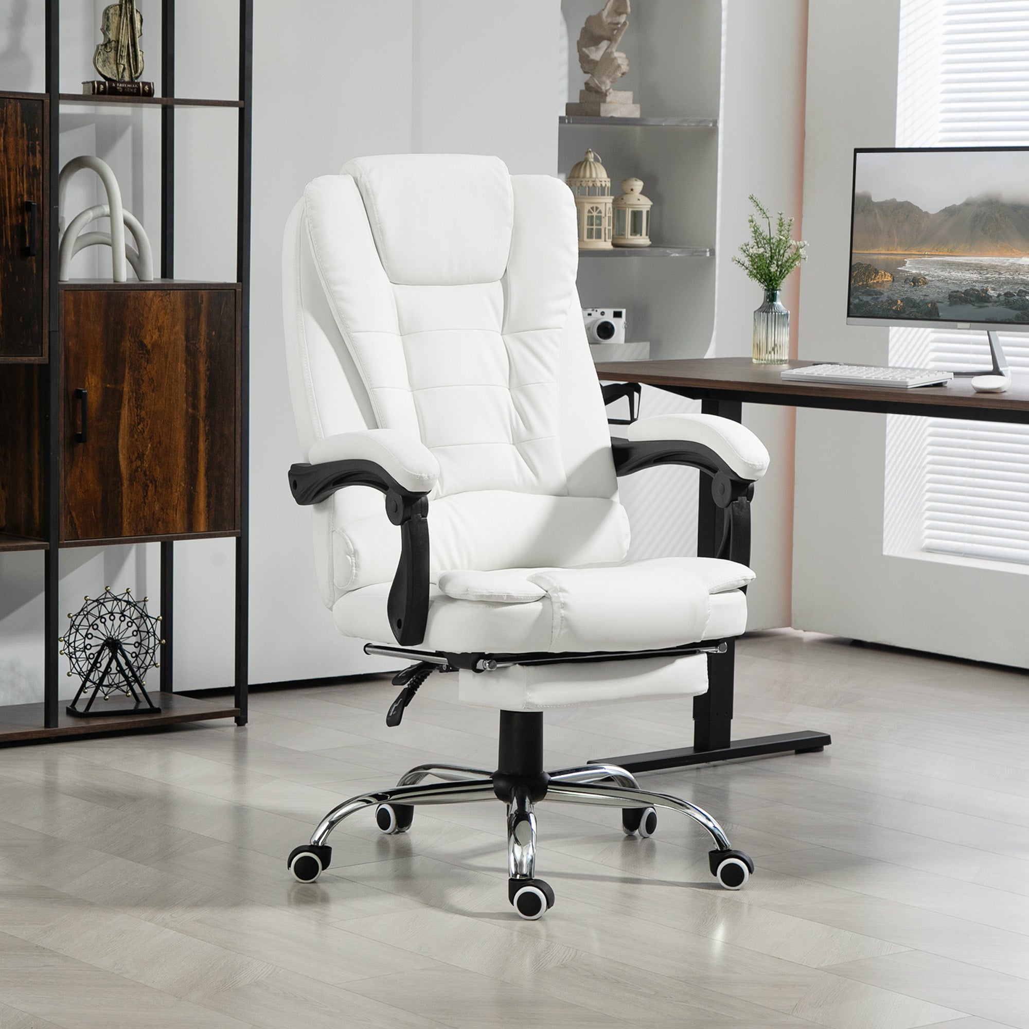 HOMCOM Executive Office Chair High Back PU Leather Reclining Chair with Retractable Footrest Padded Armrest White