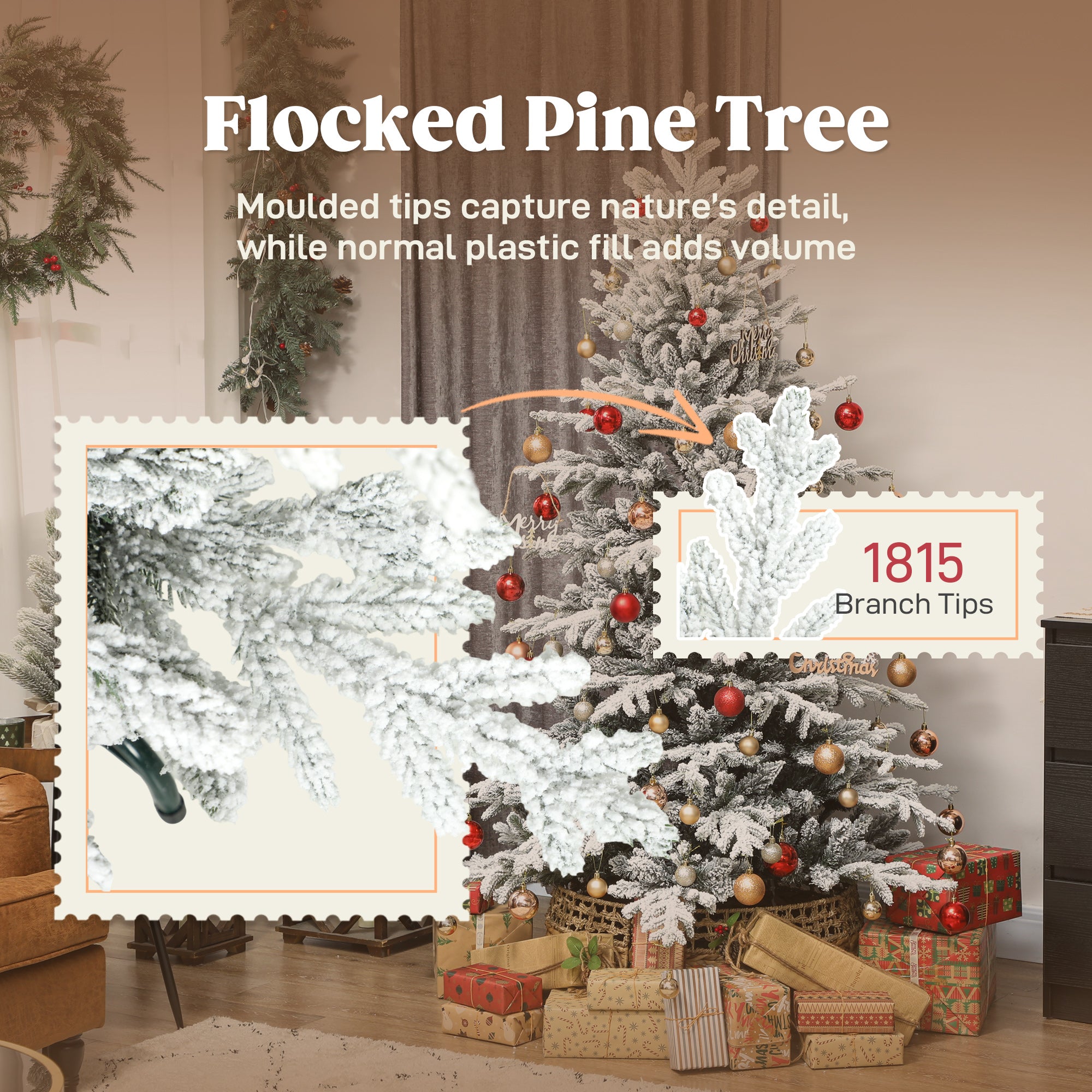 6ft Artificial Flocked Christmas Tree, Full Snow Pine Tree Holiday Decor, Hinged Xmas Tree with Realistic Tips, Metal Stand, Easy Assembly