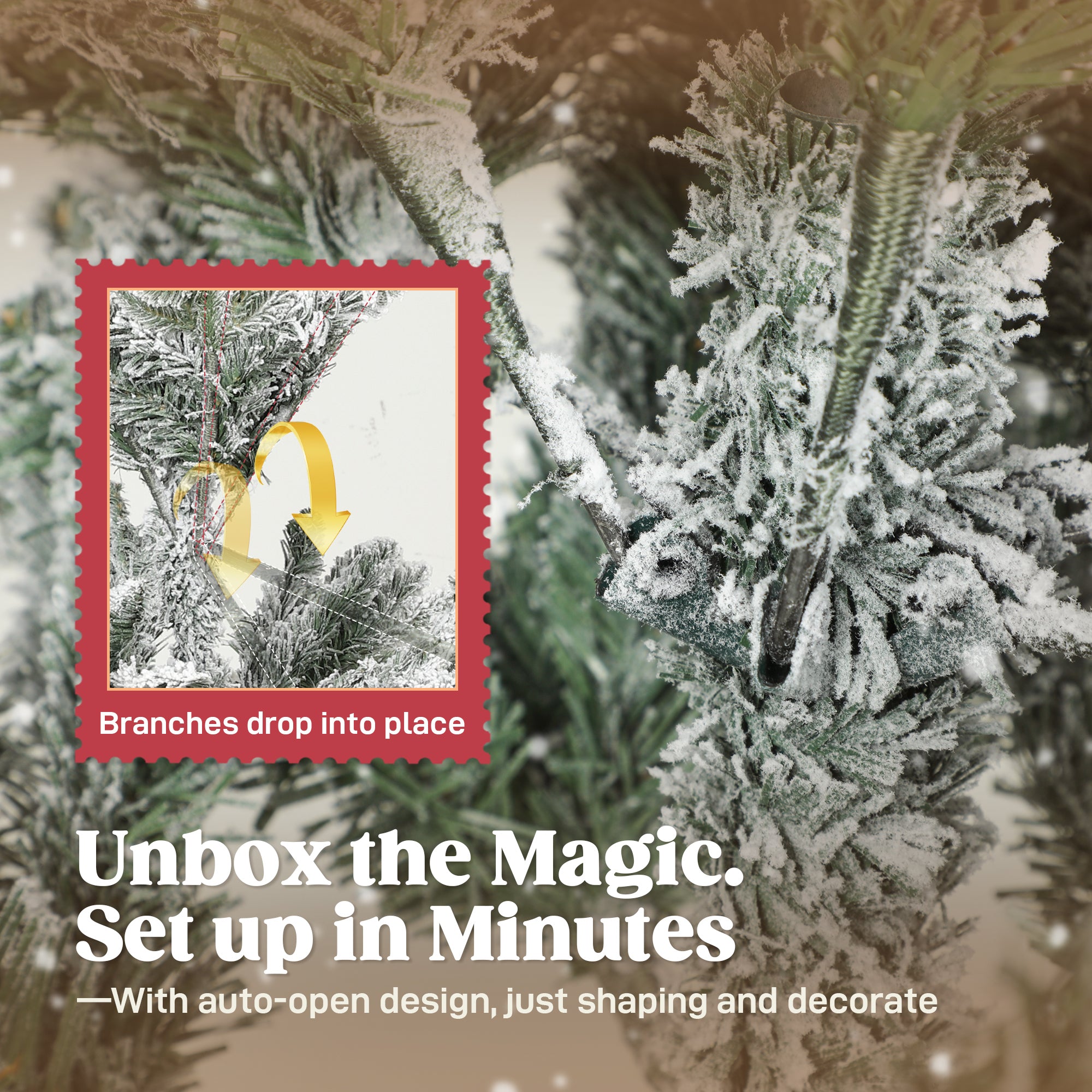 6ft Artificial Flocked Christmas Tree, Full Snow Pine Tree Holiday Decor, Hinged Xmas Tree with Realistic Tips, Metal Stand, Easy Assembly