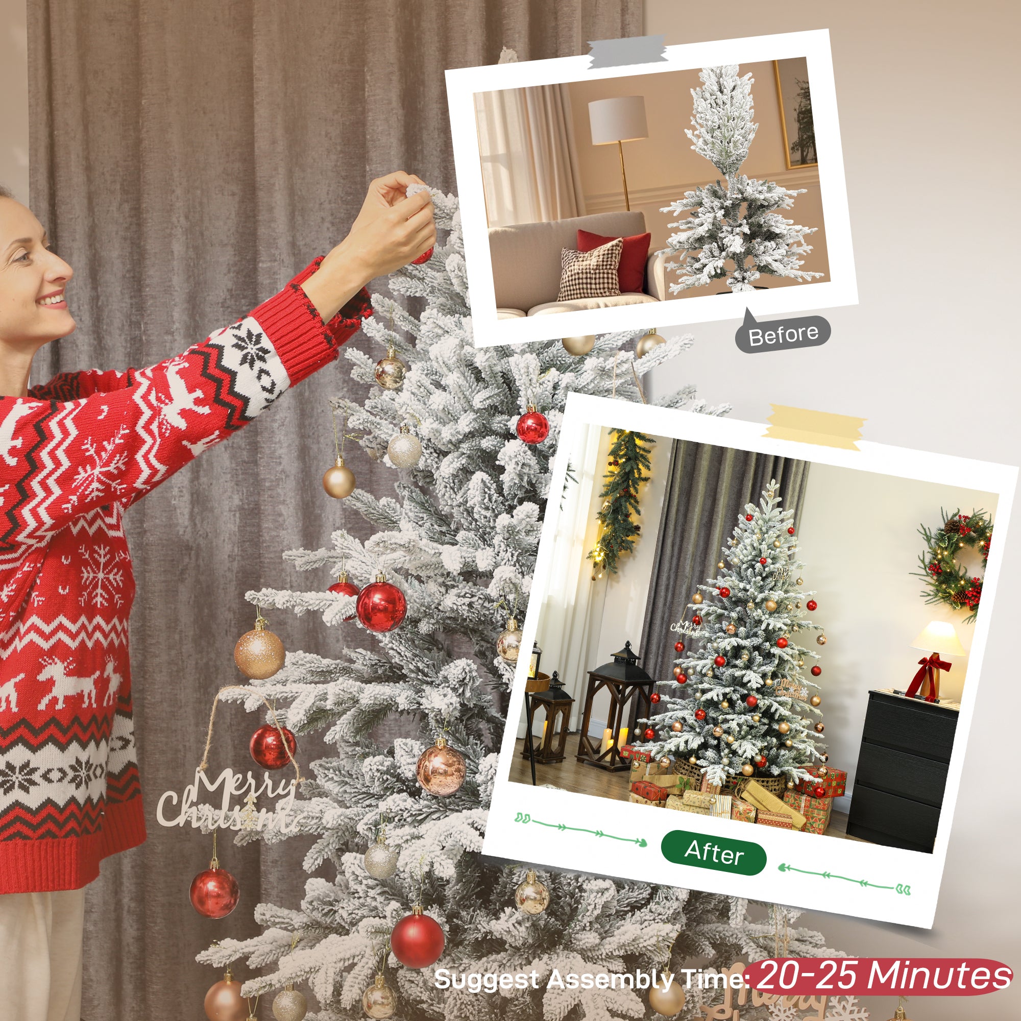 6ft Artificial Flocked Christmas Tree, Full Snow Pine Tree Holiday Decor, Hinged Xmas Tree with Realistic Tips, Metal Stand, Easy Assembly