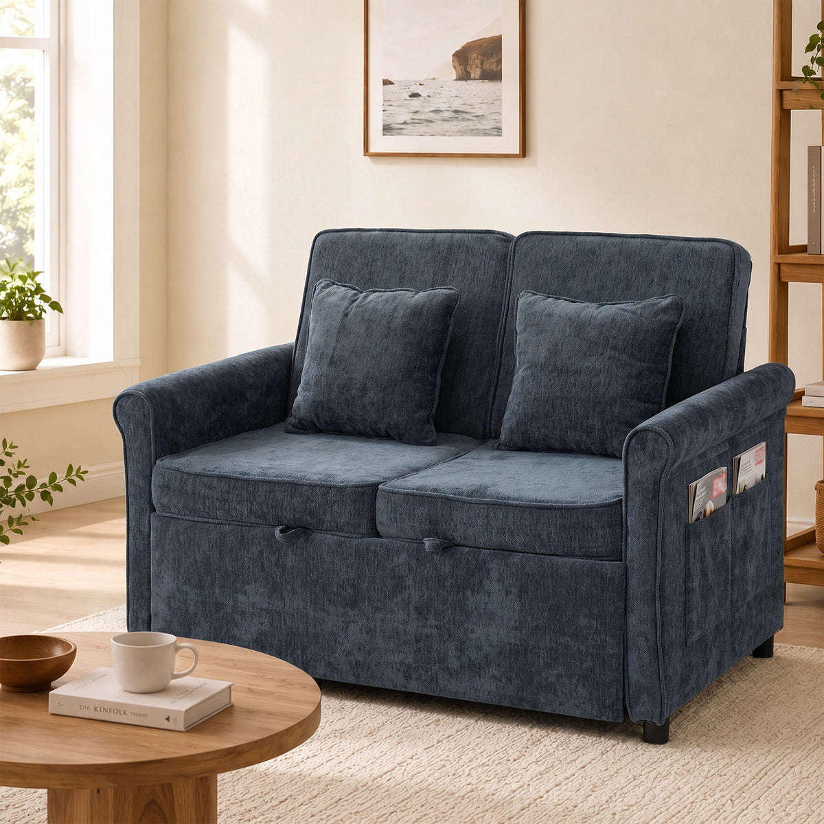 2 Seater Sofa Bed, 3-in-1 Convertible Pull Out Double Sleeper Sofa 190 x 130 cm, 5-Position Adjustable Backrest, Chenille Loveseat Bed Settee for Living Room, Bedroom, Guest Room, Dark Blue