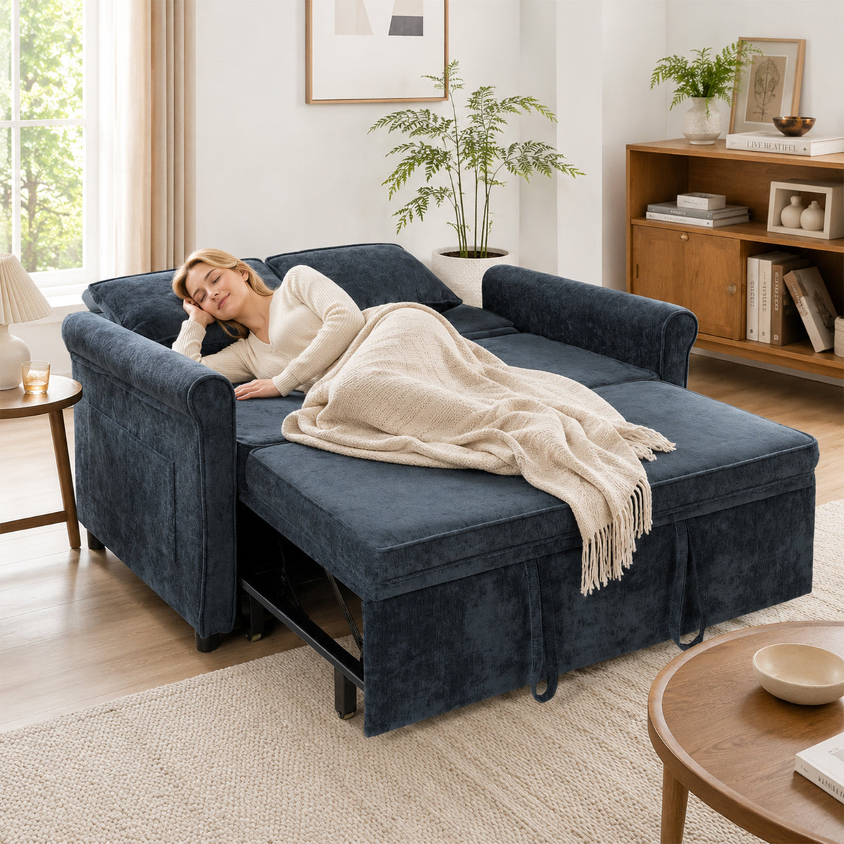 2 Seater Sofa Bed, 3-in-1 Convertible Pull Out Double Sleeper Sofa 190 x 130 cm, 5-Position Adjustable Backrest, Chenille Loveseat Bed Settee for Living Room, Bedroom, Guest Room, Dark Blue