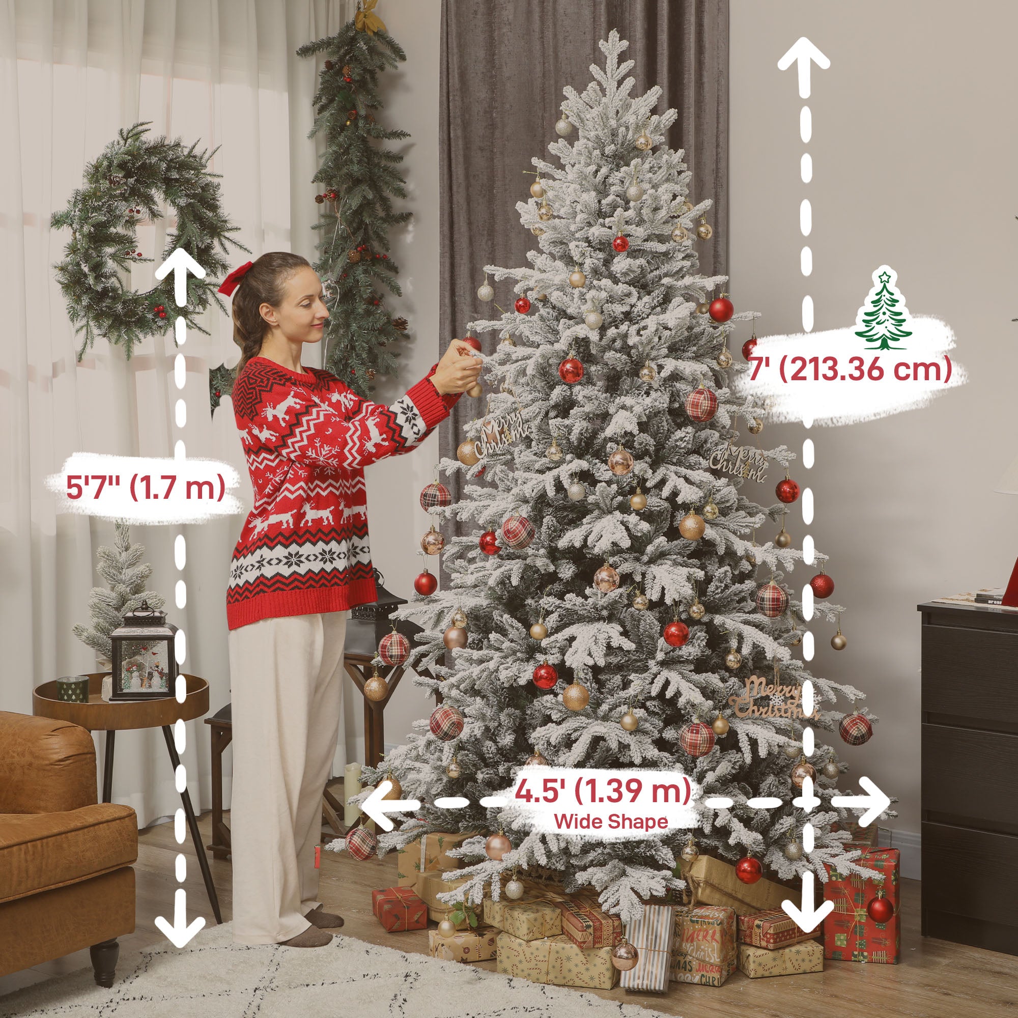 7ft Artificial Flocked Christmas Tree, Full Snow Pine Tree Holiday Decor, Hinged Xmas Tree with Realistic Tips, Metal Stand, Easy Assembly