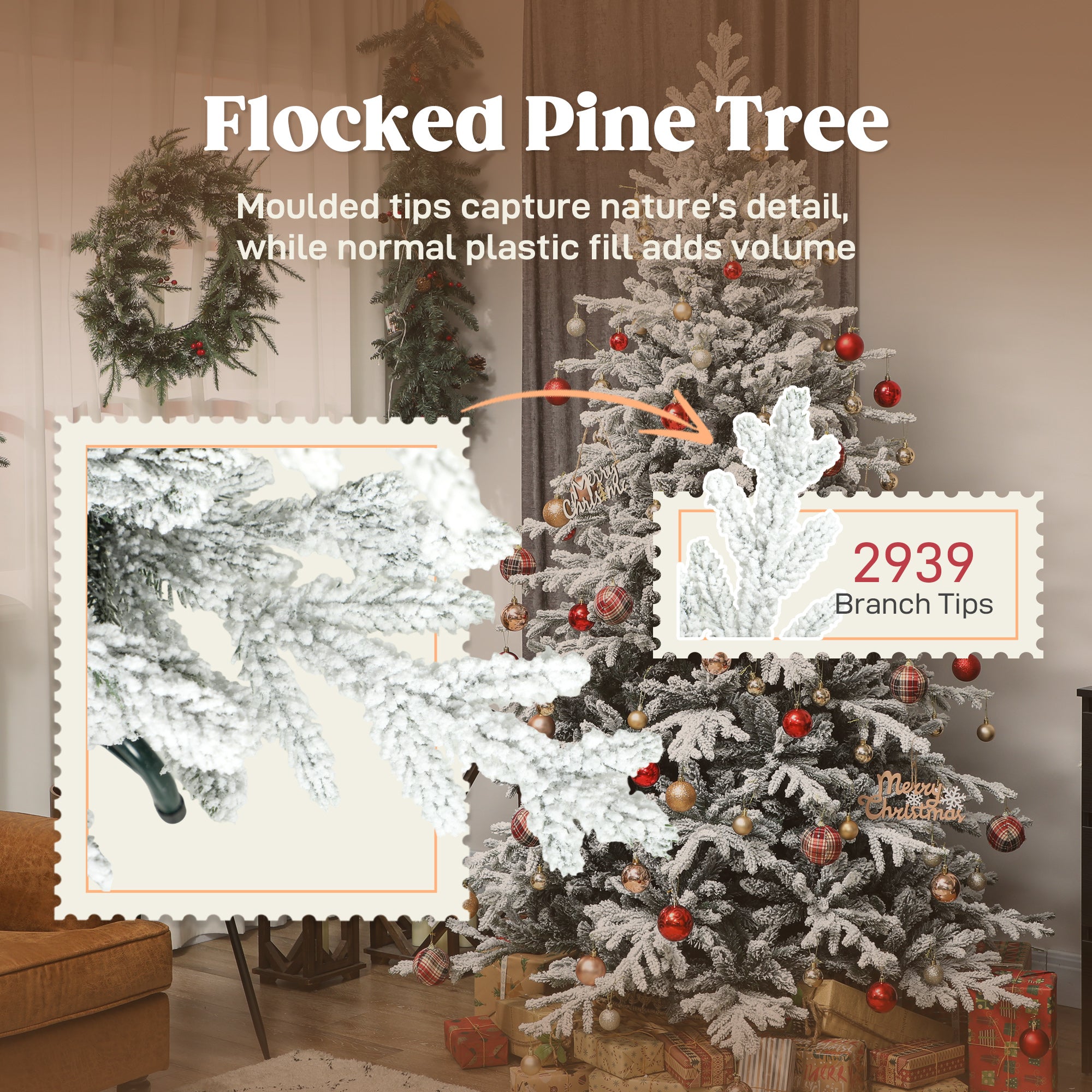 7ft Artificial Flocked Christmas Tree, Full Snow Pine Tree Holiday Decor, Hinged Xmas Tree with Realistic Tips, Metal Stand, Easy Assembly